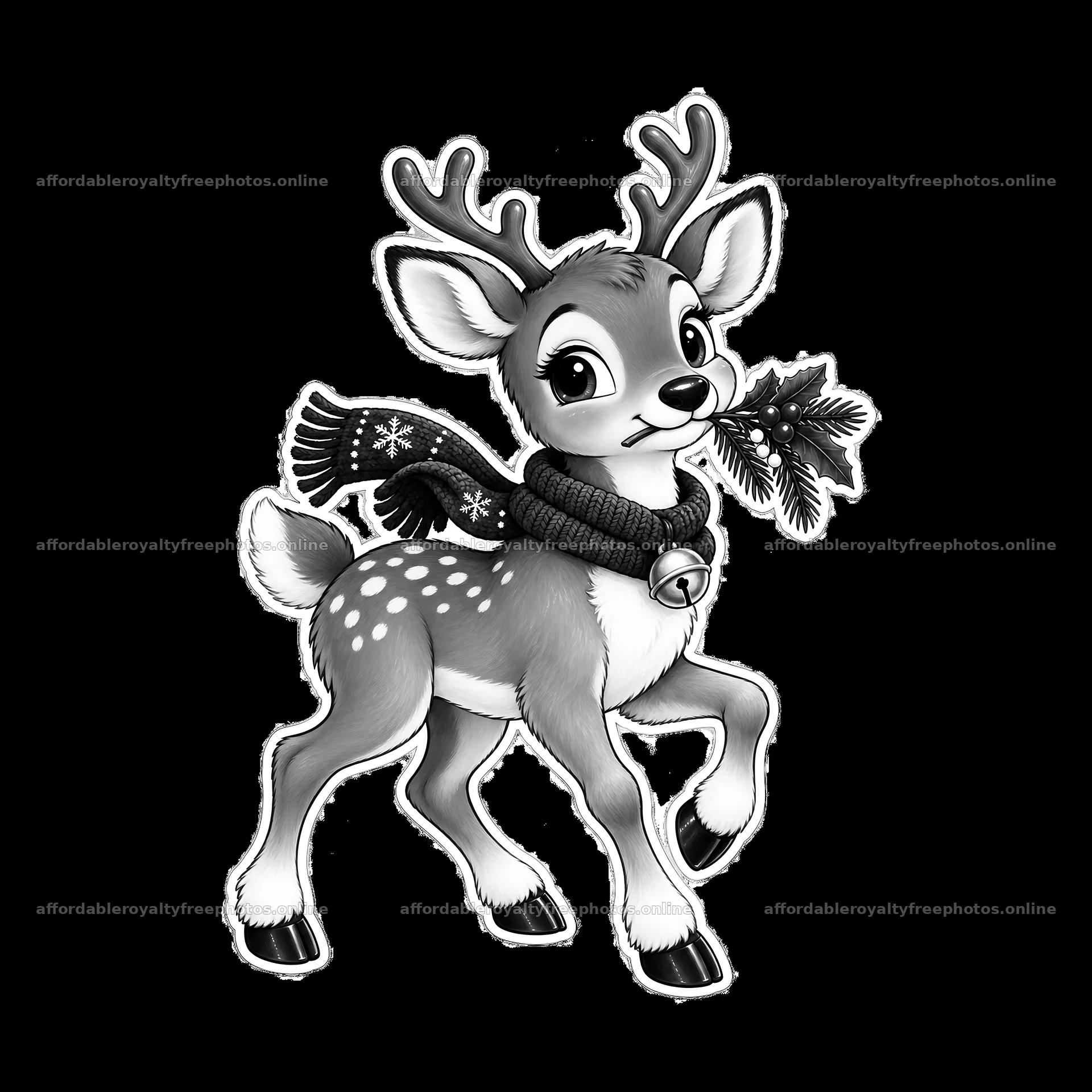 Cartoon reindeer with scarf and holly for festive decoration – royalty-free photos 7746x7746