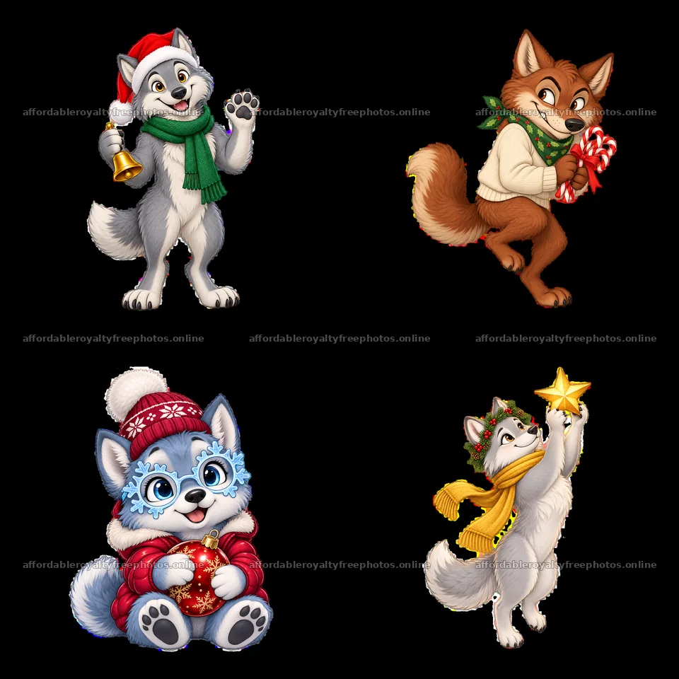 Christmas-themed cartoon wolves in festive attire – royalty-free photos 7746x7746