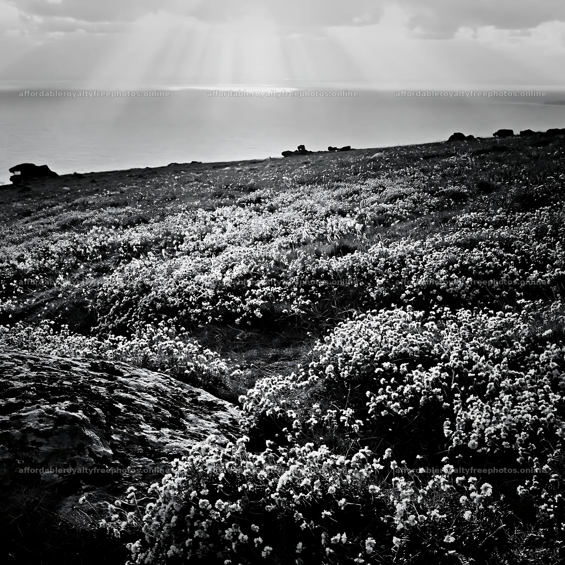 Crepuscular rays shining over a meadow by the sea – royalty-free photos 7938x7938