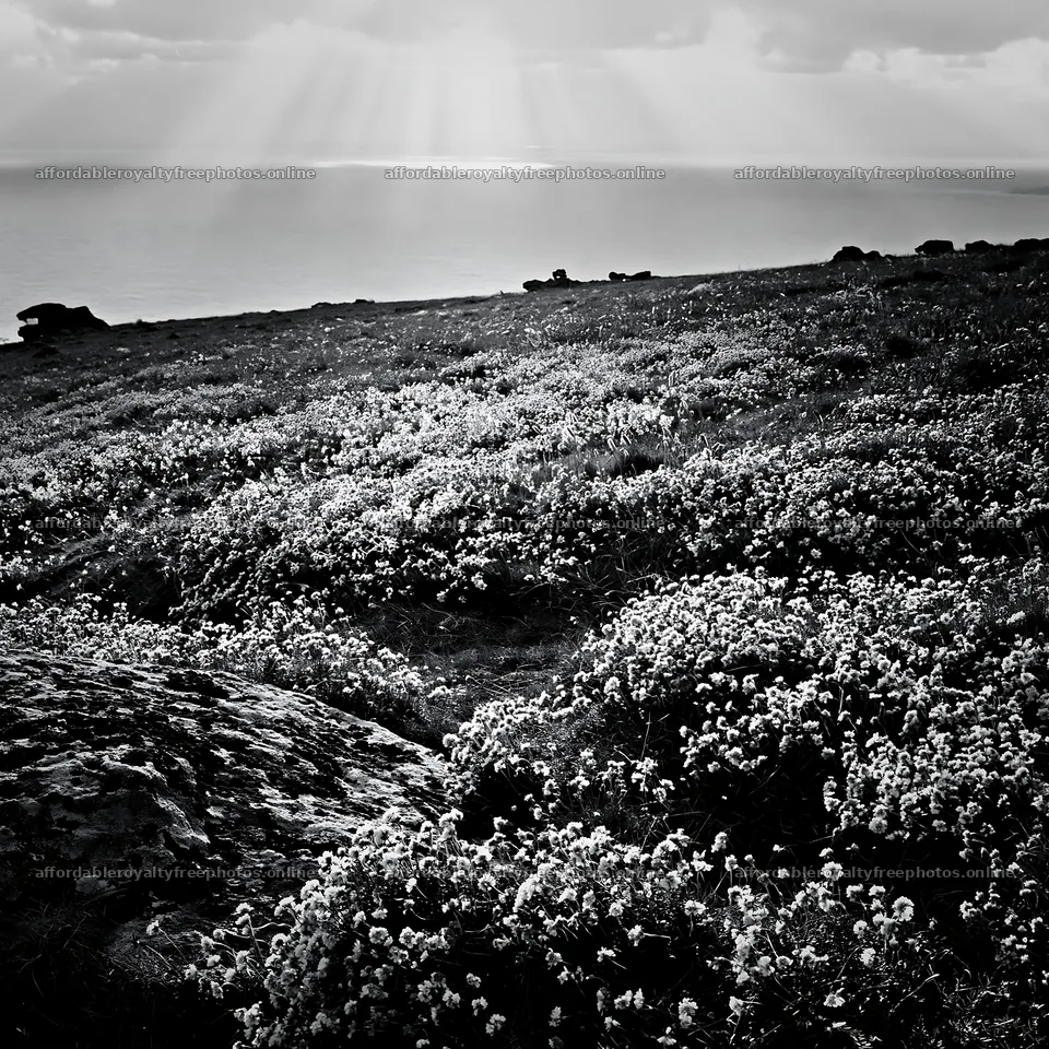Crepuscular rays shining over a meadow by the sea – royalty-free photos 7938x7938