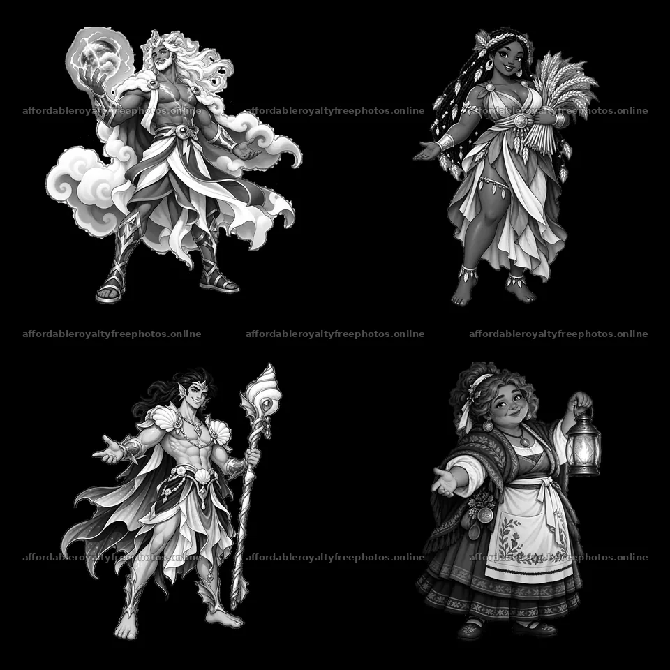 Four cartoon stickers of Pagan Gods in a 2x2 grid layout – royalty-free photos 7746x7746