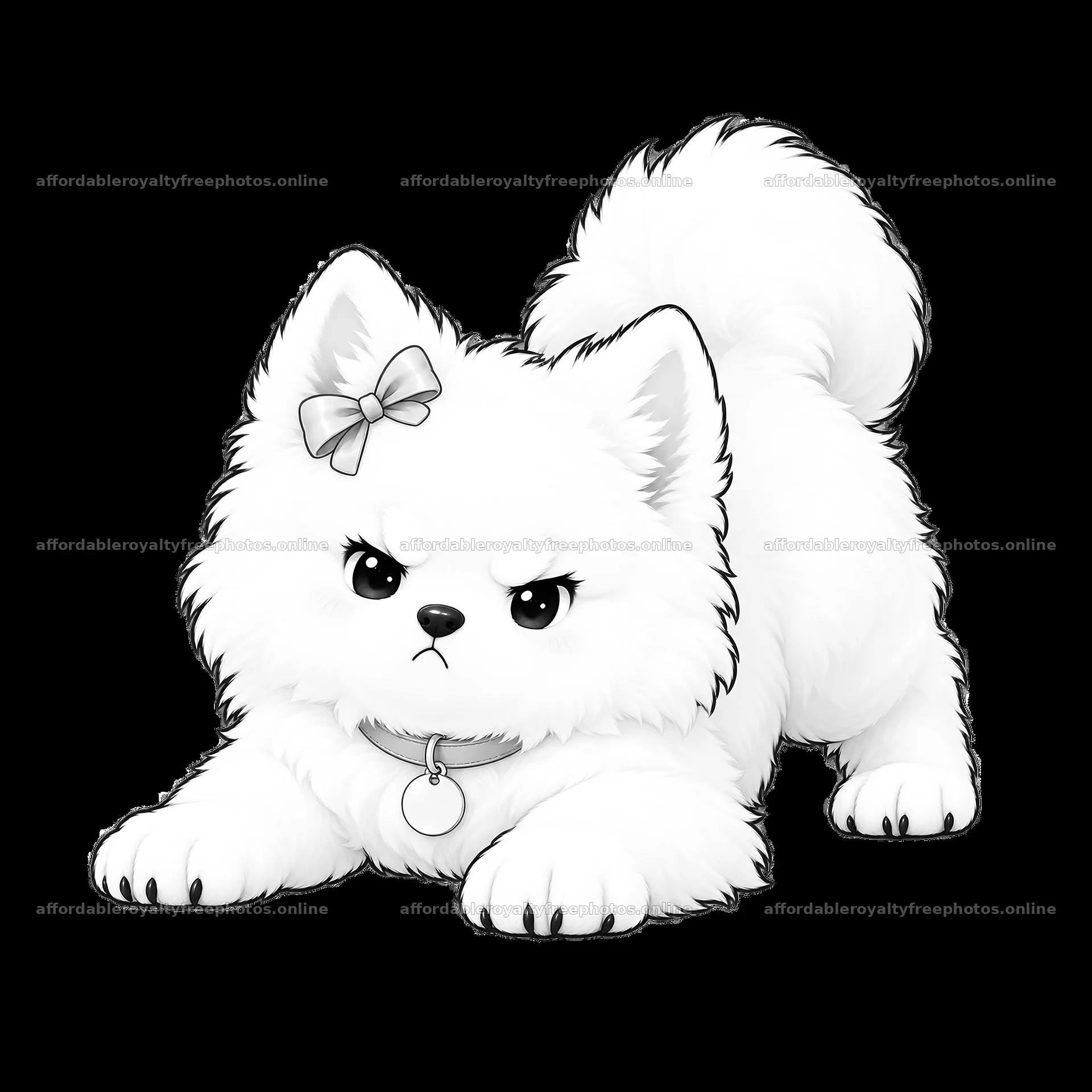 Grumpy white dog with bow in a playful pose – royalty-free photos 7746x7746