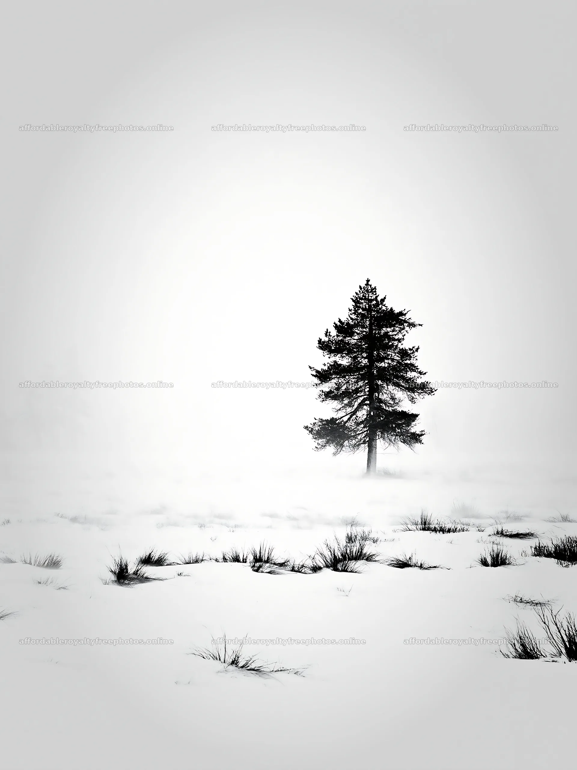 Snowbound meadow with lone tree in winter fog – royalty-free photos 6866x9174