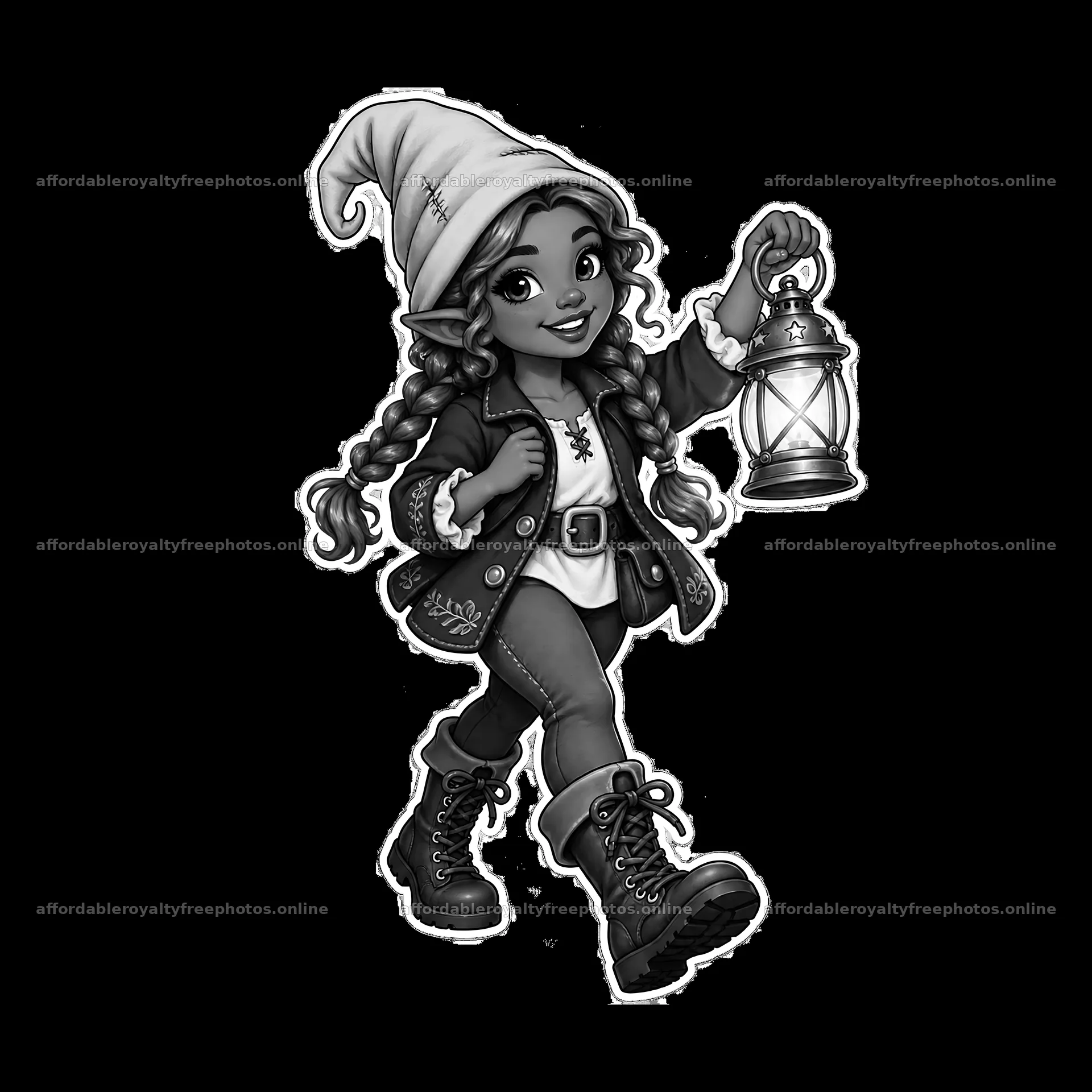 Girl gnome with lantern walking in black and white – royalty-free photos 7746x7746