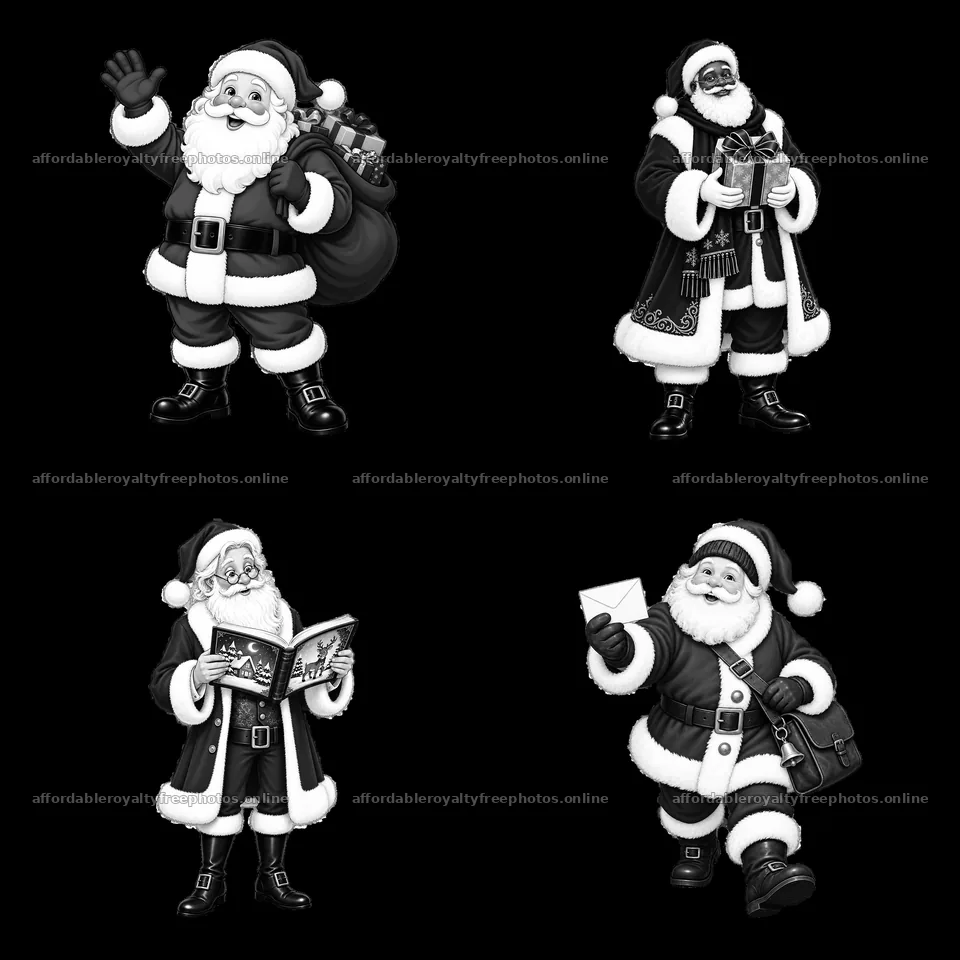 Four cartoon Santa Claus figures in various festive actions – royalty-free photos 7746x7746
