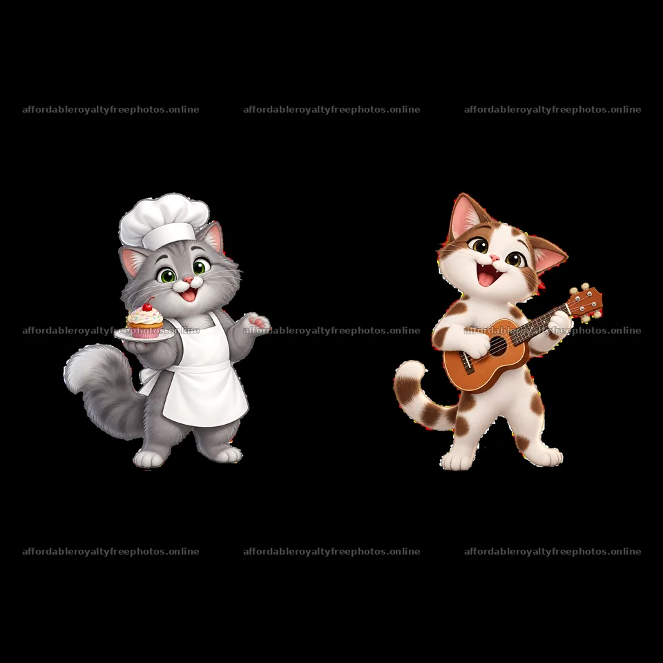 Funny cartoon cats in chef and musician roles – royalty-free photos 7746x7746