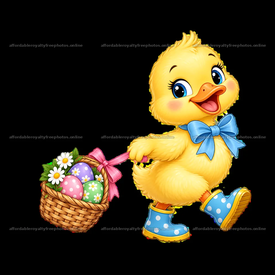 Yellow duckling carrying Easter basket with colorful eggs – royalty-free photos 7746x7746