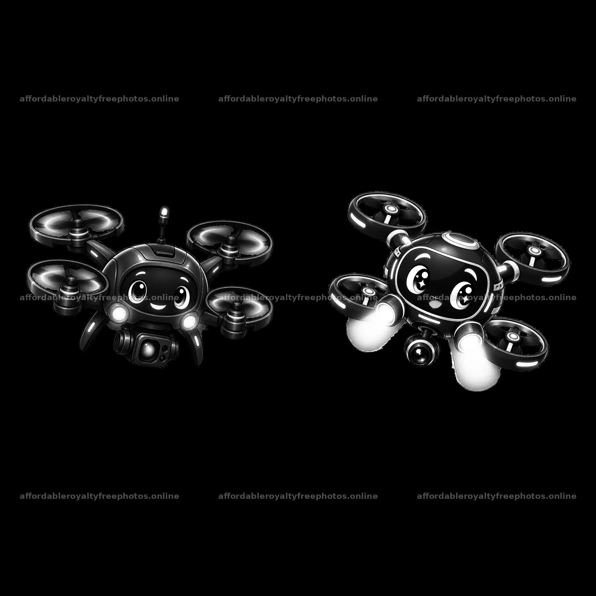 Two cartoon drones with friendly faces and camera – royalty-free photos 7746x7746