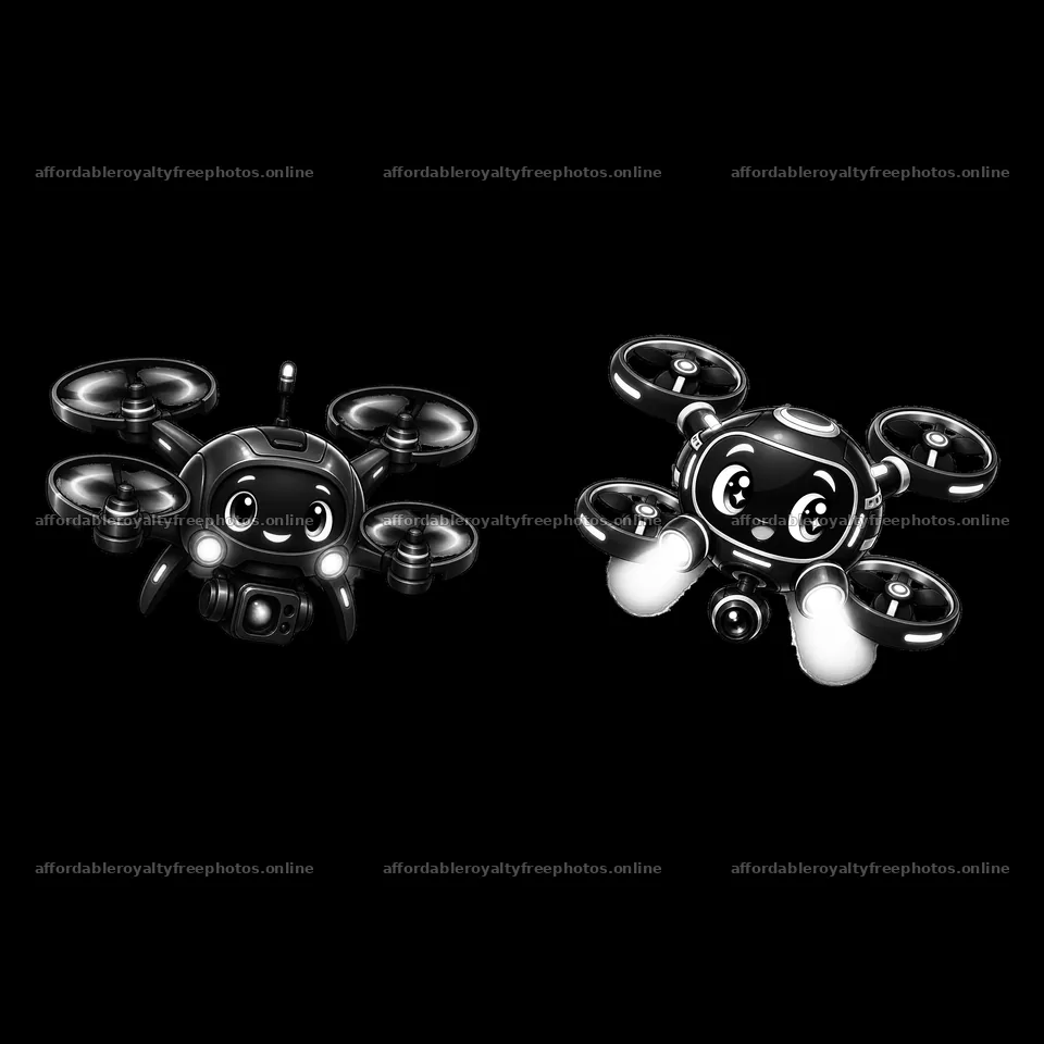 Two cartoon drones with friendly faces and camera – royalty-free photos 7746x7746