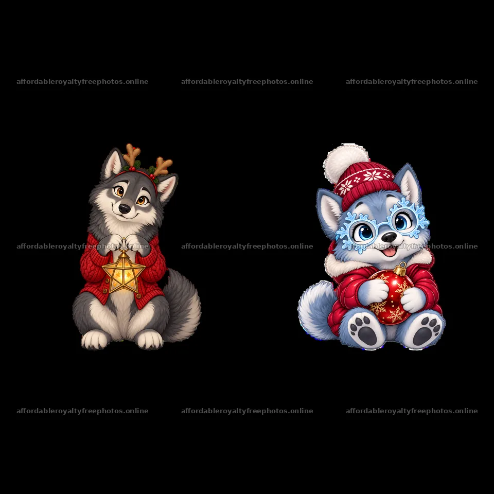 Christmas wolves with holiday accessories and festive – royalty-free photos 7746x7746