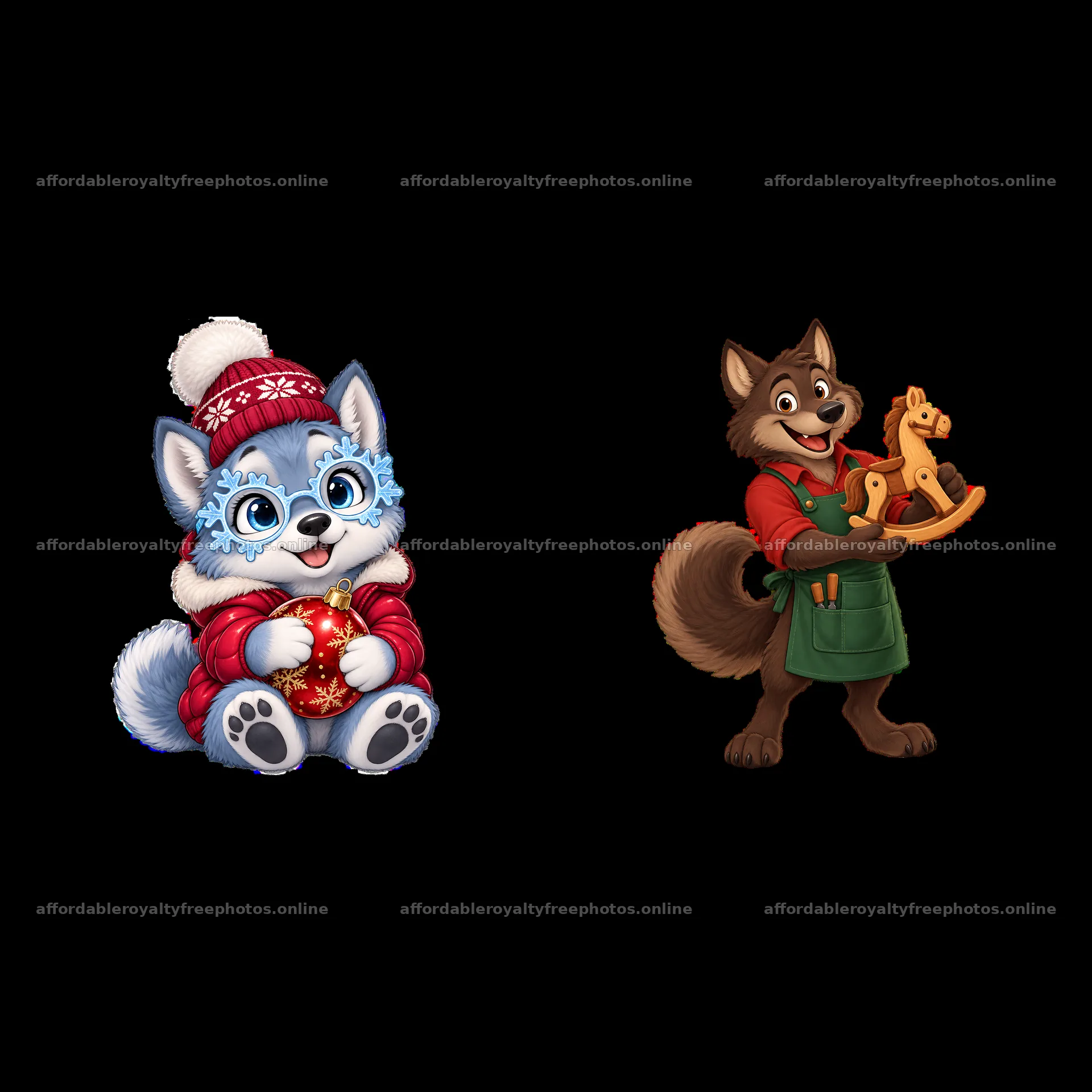 Christmas wolf characters with gifts and toys – royalty-free photos 7746x7746
