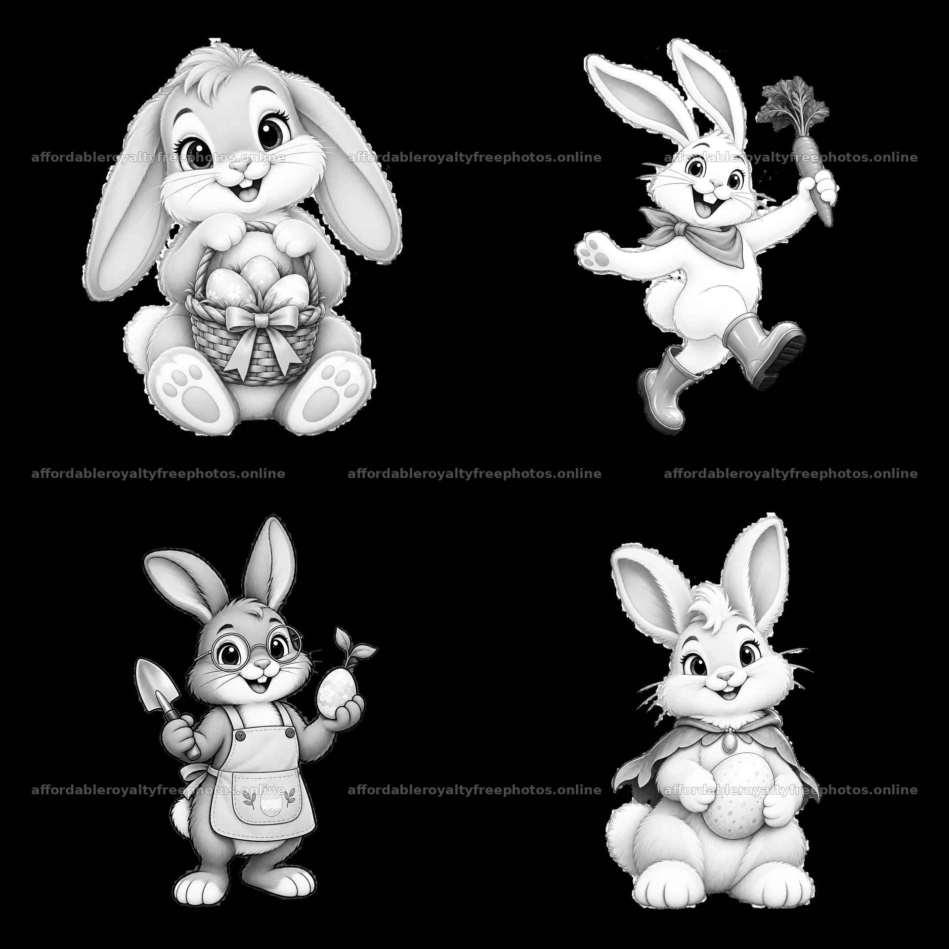 Easter bunny cartoon stickers in black-and-white layout – royalty-free photos 7746x7746