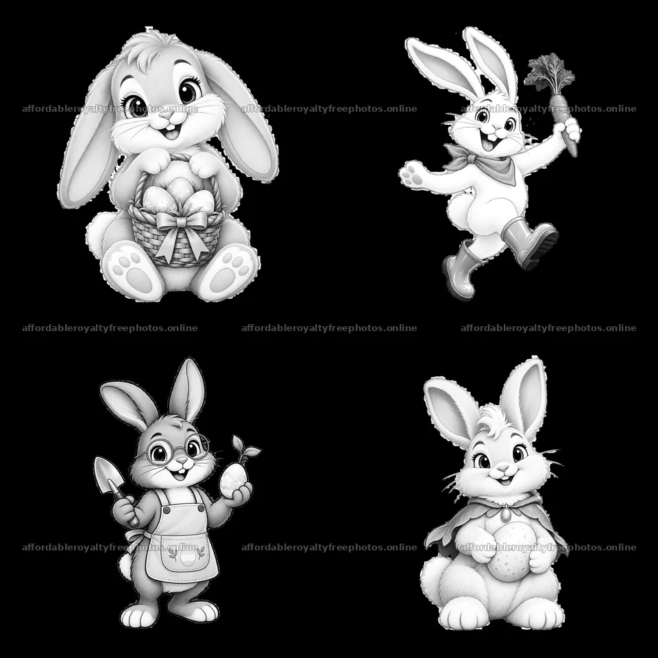Easter bunny cartoon stickers in black-and-white layout – royalty-free photos 7746x7746