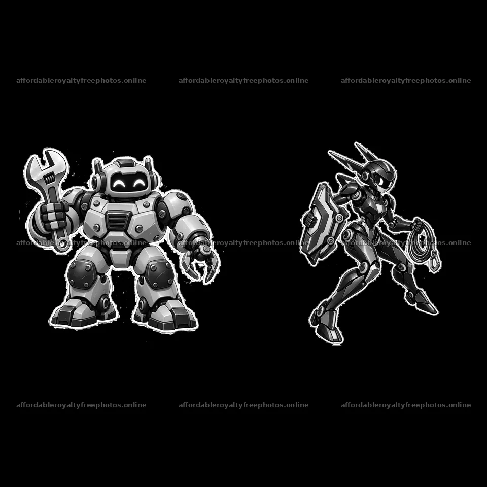 Mech robot duo with tools and shield in black and white – royalty-free photos 7746x7746