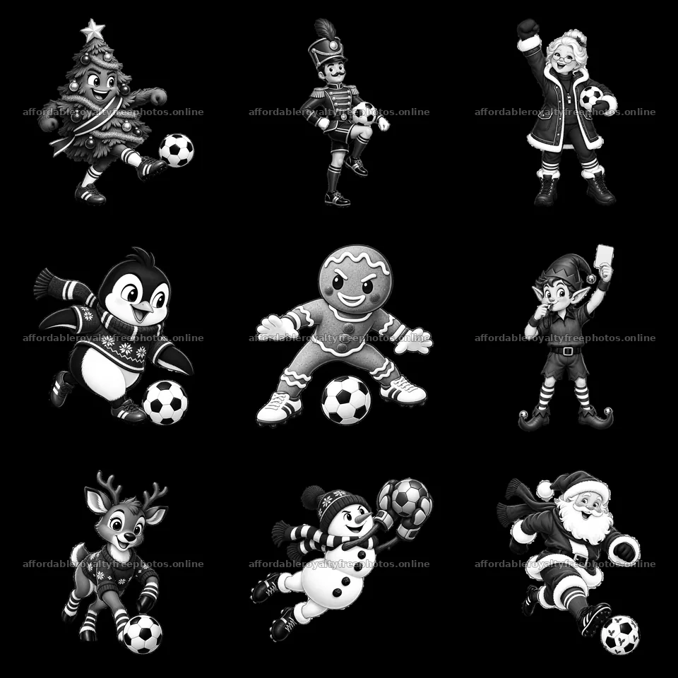 Christmas characters playing soccer in a fun 3x3 layout – royalty-free photos 7746x7746