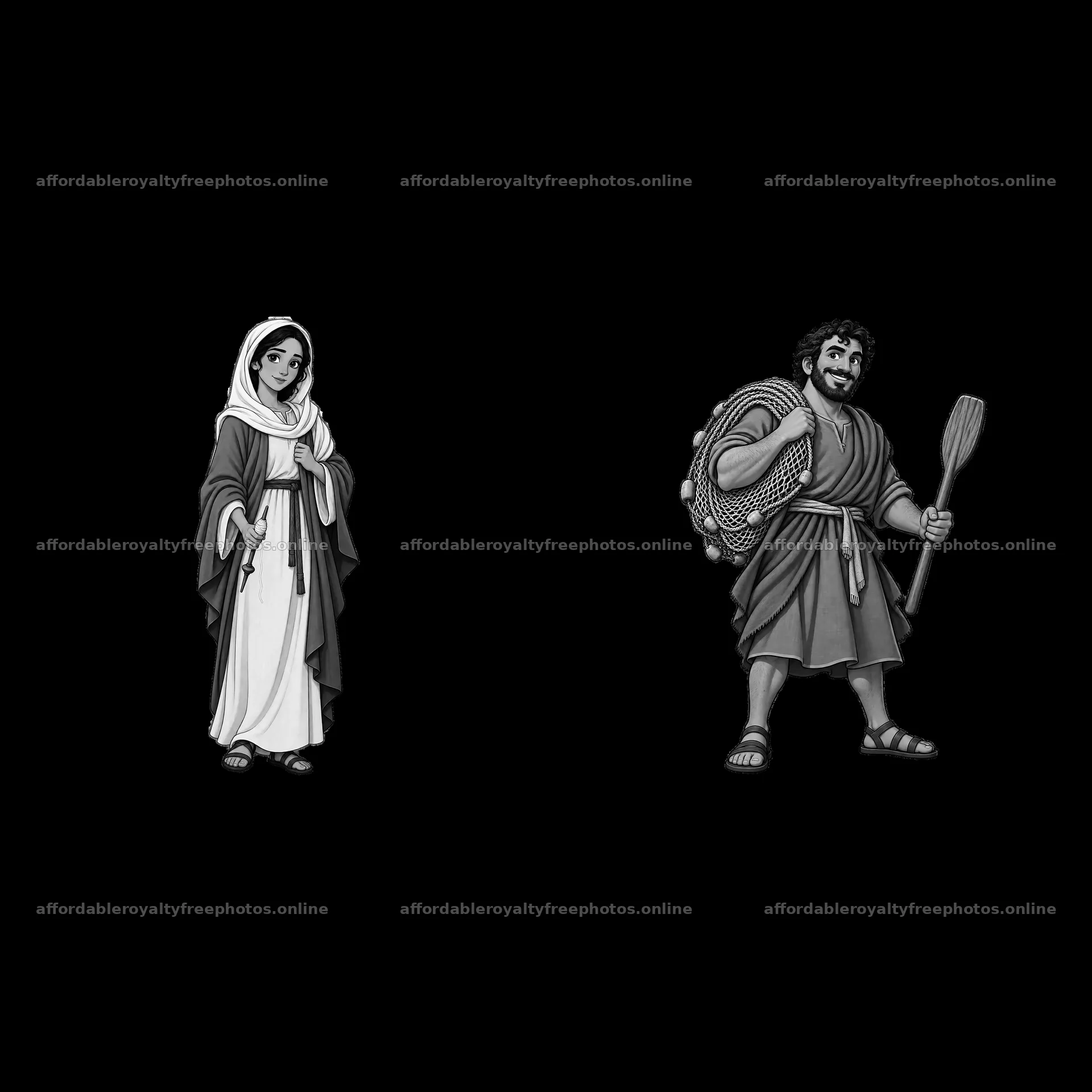 Jesus and a disciple with a basket and paddle in black – royalty-free photos 7746x7746