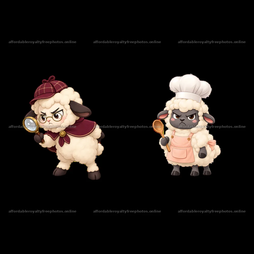 Grumpy sheep chefs with kitchen accessories and – royalty-free photos 7746x7746