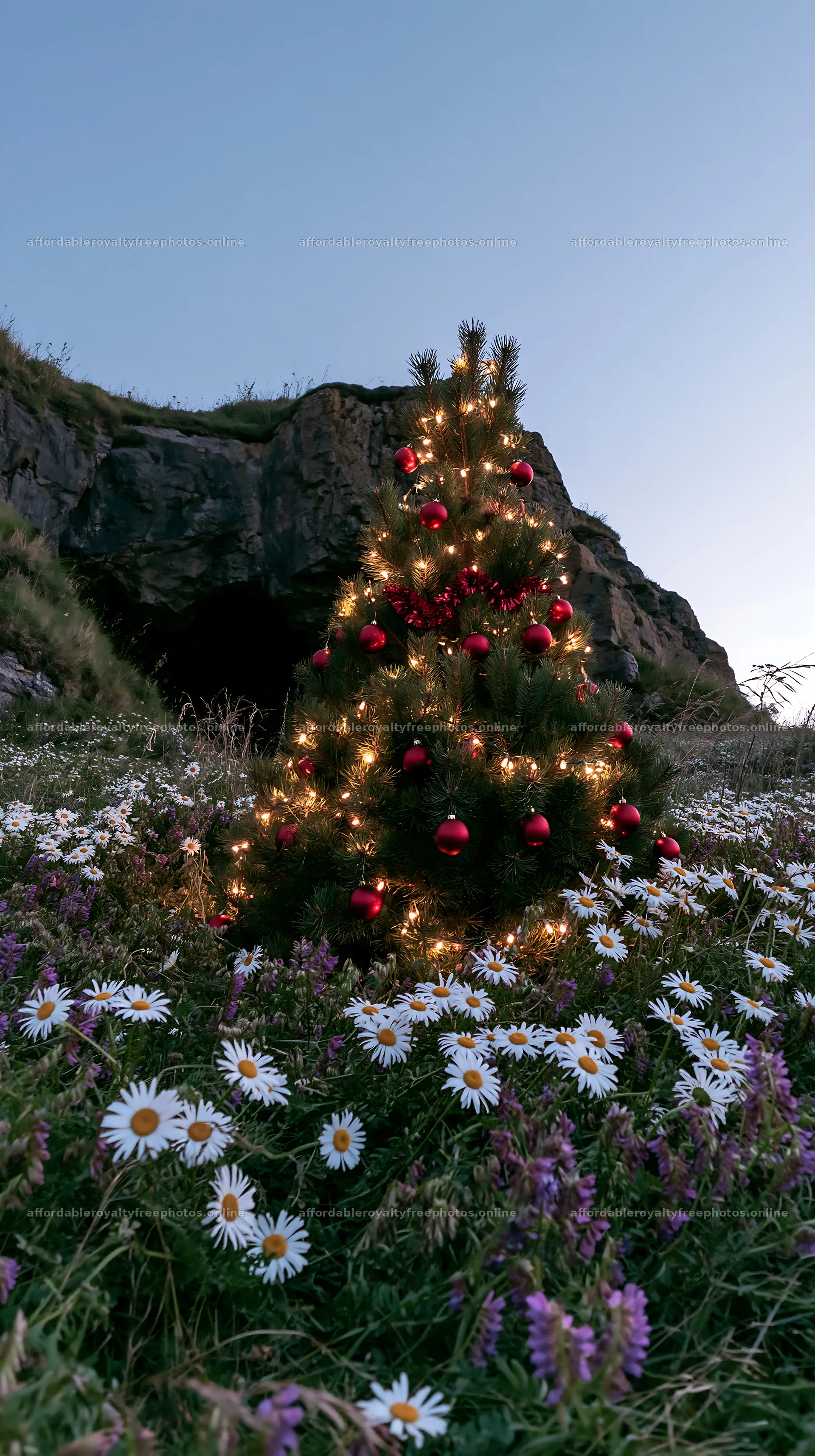 Christmas tree with ornaments in meadow near cave – royalty-free photos 5938x10608