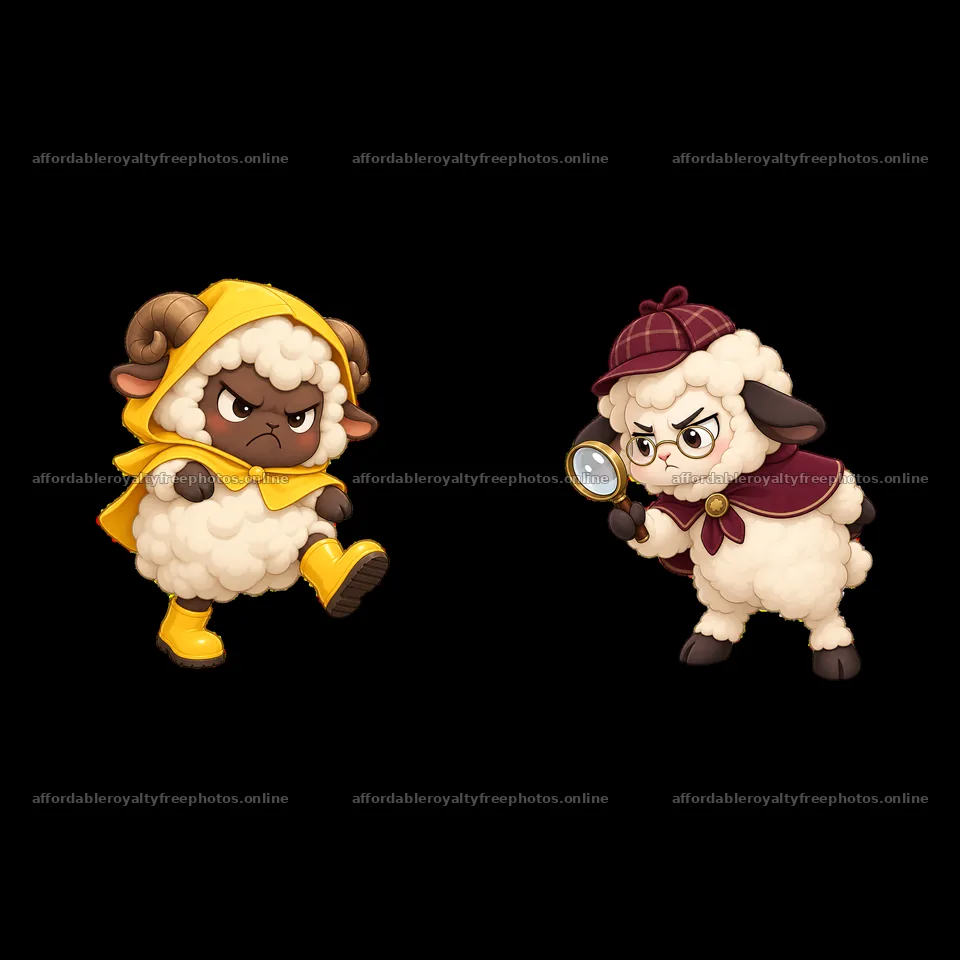 Grumpy sheep in yellow raincoat and sheep with – royalty-free photos 7746x7746