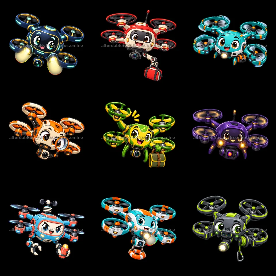Colorful cartoon drones with distinct designs in a grid – royalty-free photos 7746x7746