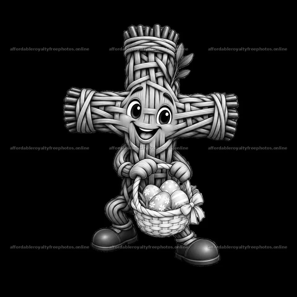 Cartoon Easter cross character holding a basket of eggs – royalty-free photos 7746x7746