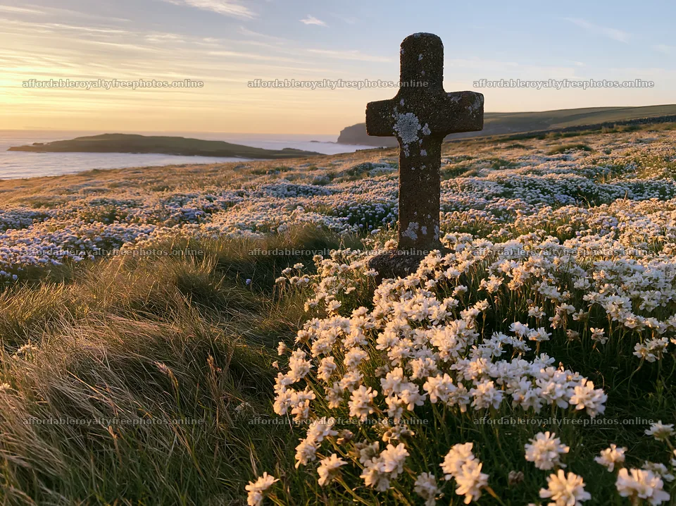 Christian cross at sunrise over a meadow with flowers – royalty-free photos 9174x6866