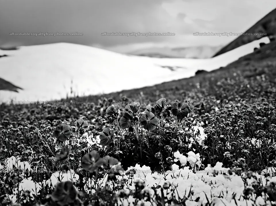 Snowline meadow with blue flowers and white snow patches – royalty-free photos 9174x6866