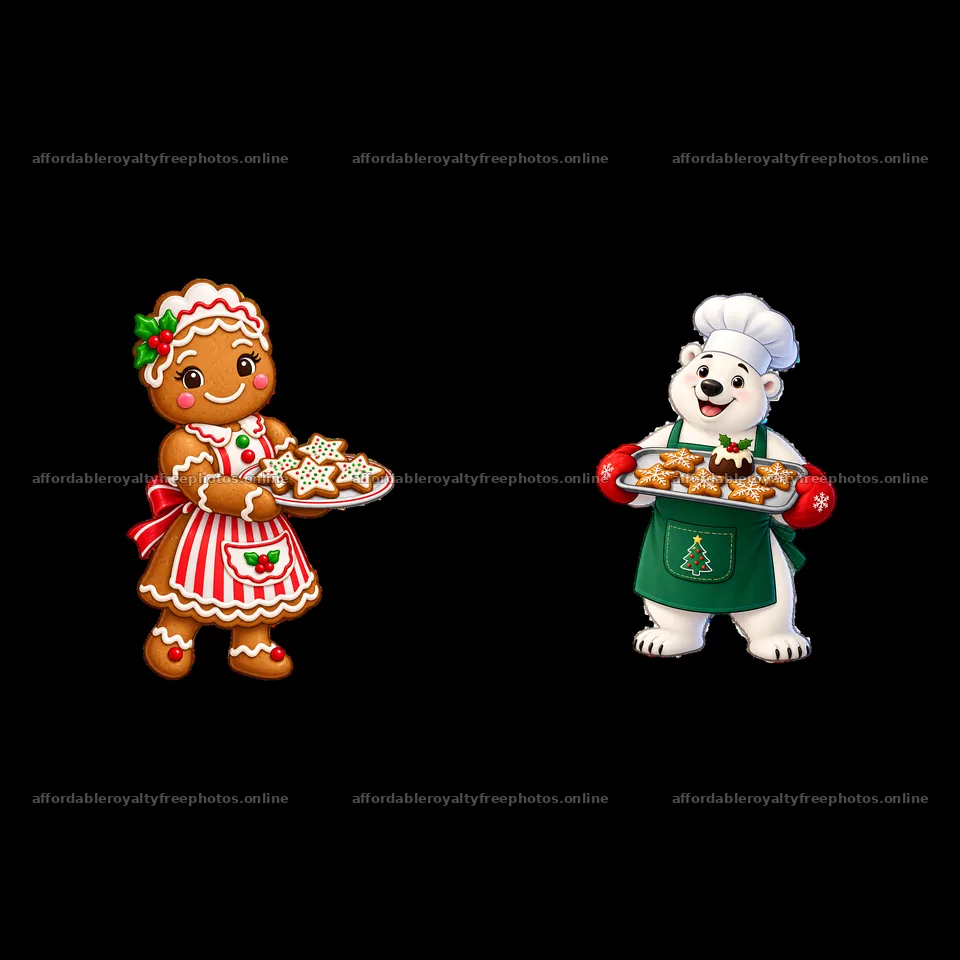Gingerbread girl and polar bear baking cookies for – royalty-free photos 7746x7746