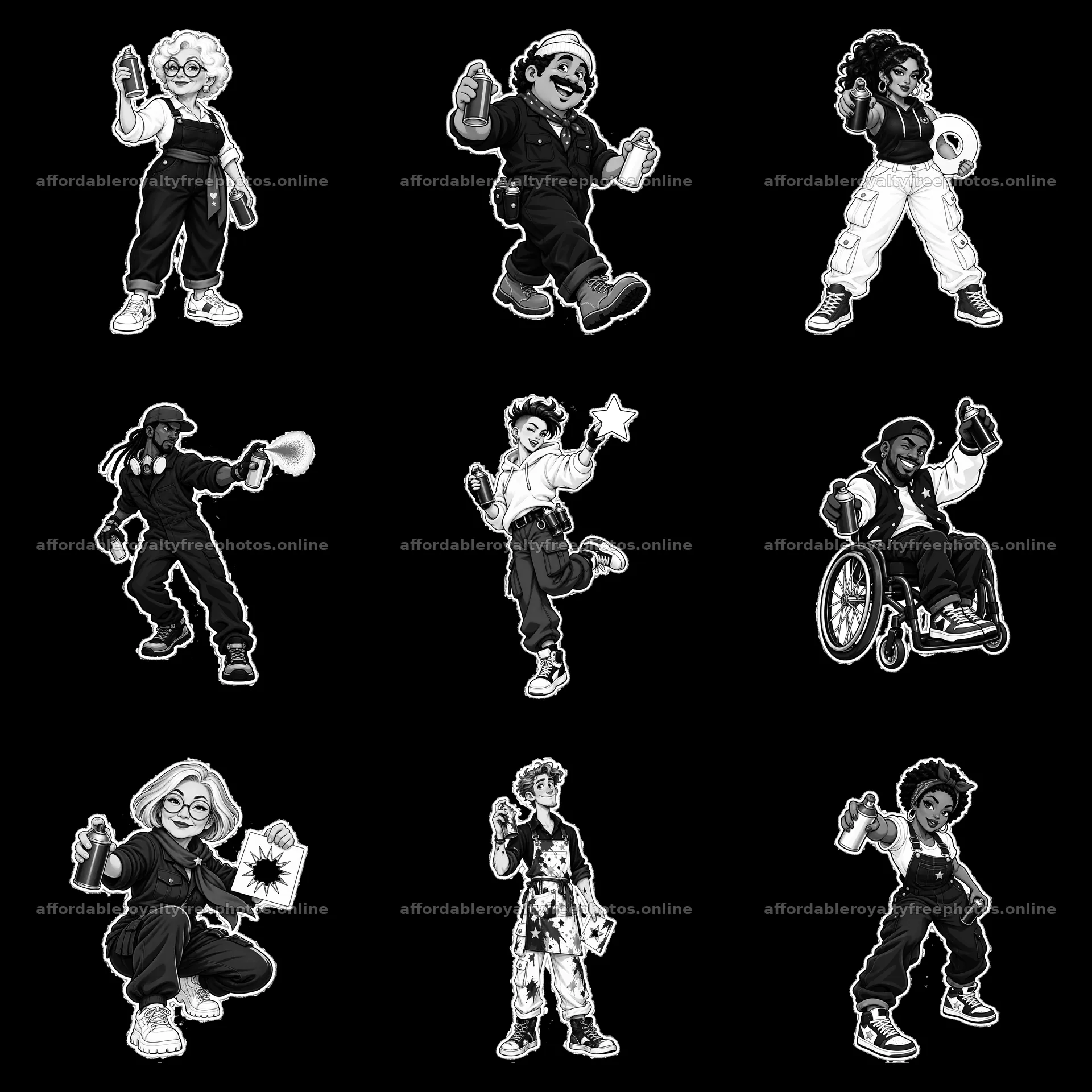 Patriotic graffiti sprayers in monochrome illustration – royalty-free photos 7746x7746