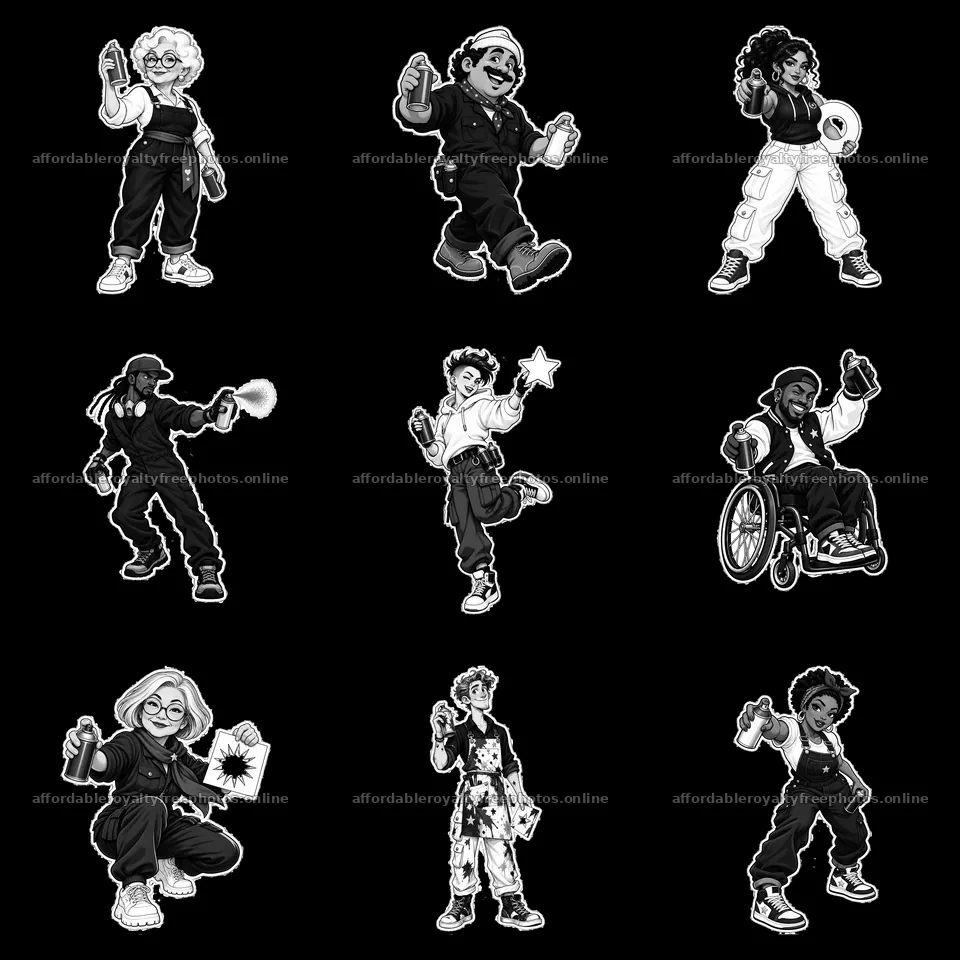 Patriotic graffiti sprayers in monochrome illustration – royalty-free photos 7746x7746