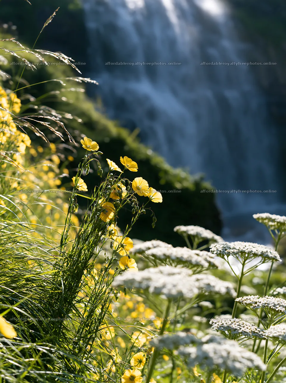 Bright wildflowers near a waterfall in a summer meadow – royalty-free photos 6866x9174