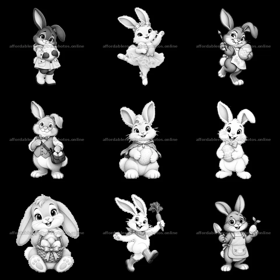 Easter bunnies in different poses with accessories and – royalty-free photos 7746x7746