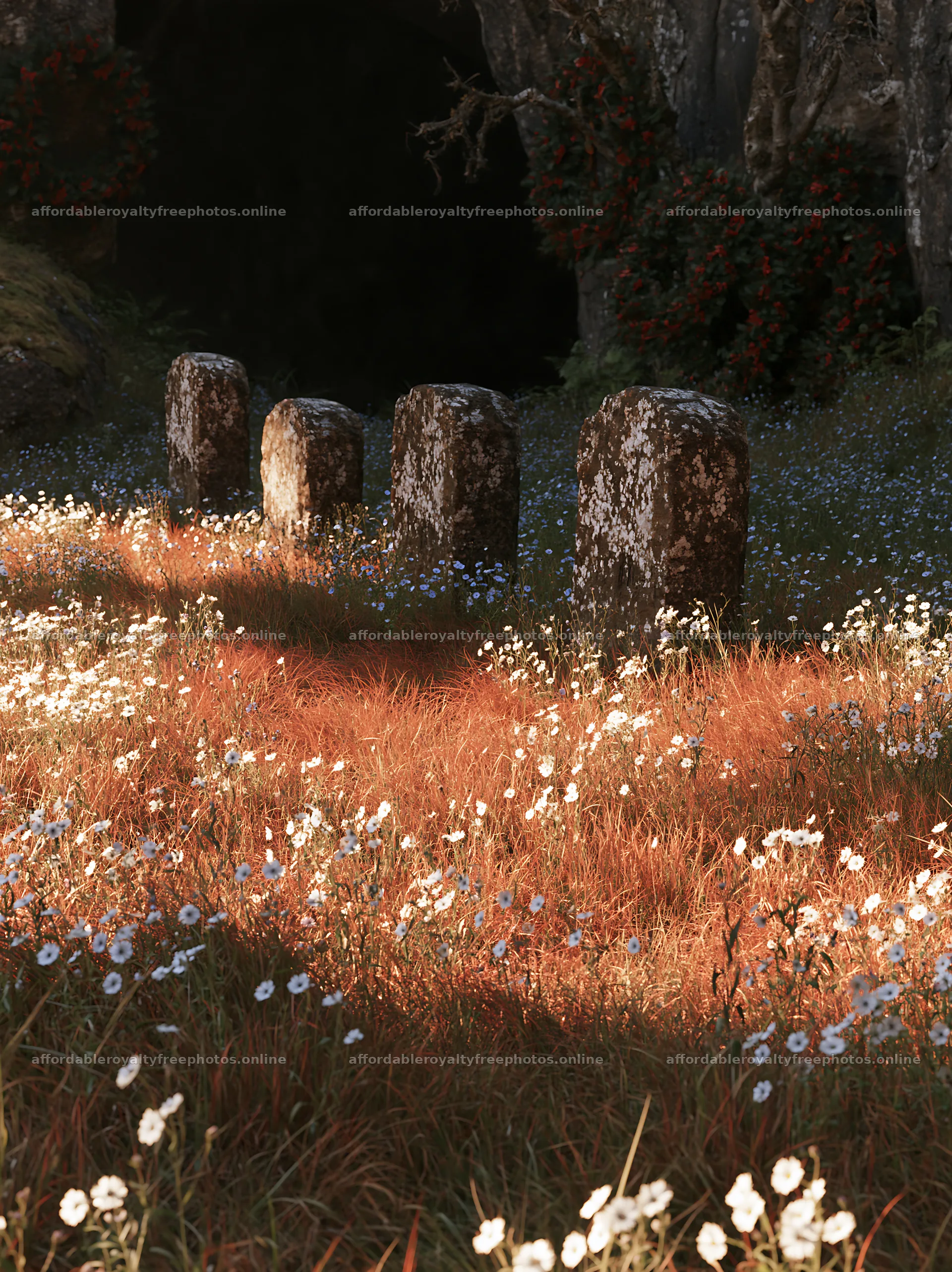 Christmas wreaths in meadow by cave with stone pillars – royalty-free photos 6866x9174