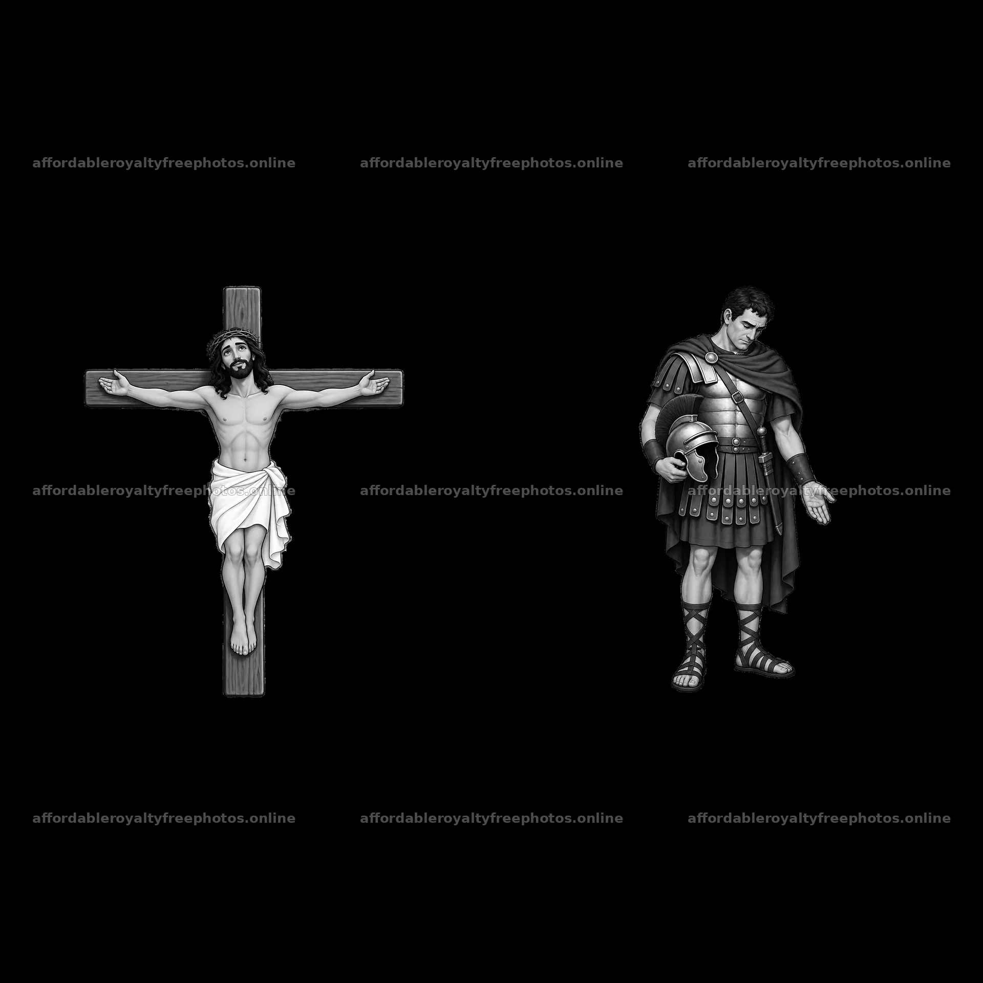 Jesus on the cross with Roman soldier in black and white – royalty-free photos 7746x7746