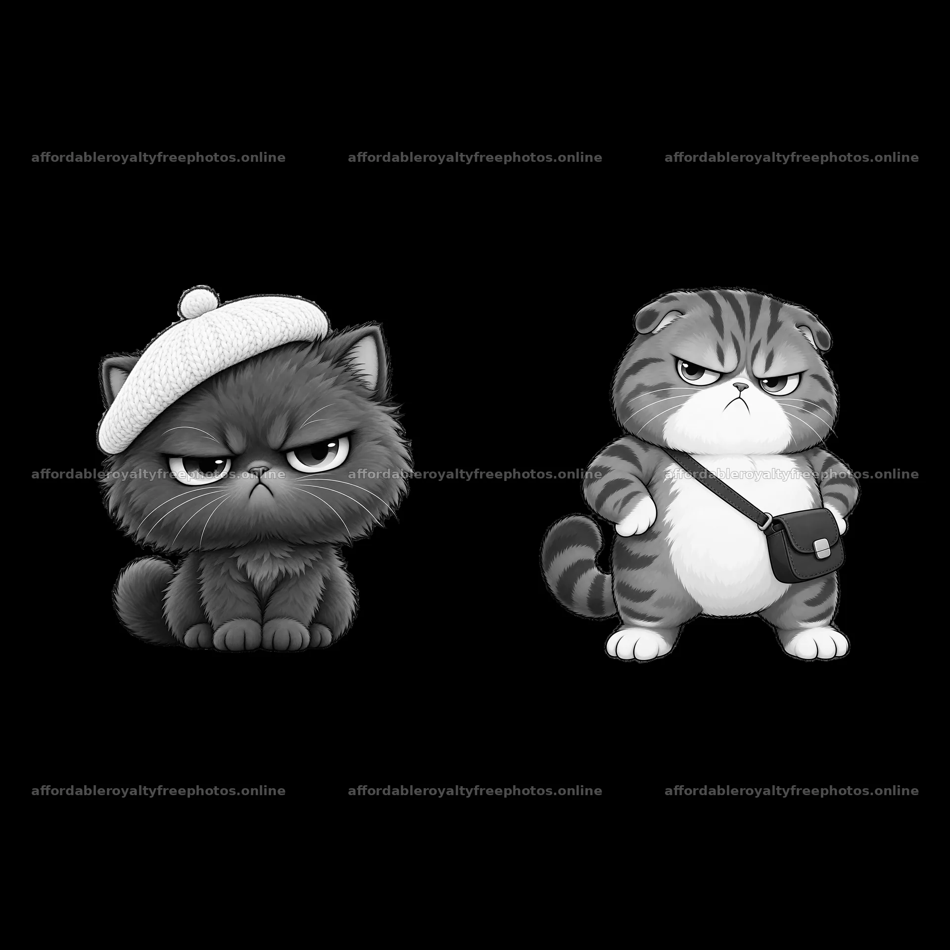 Kawaii black and white grumpy cats with accessories – royalty-free photos 7746x7746
