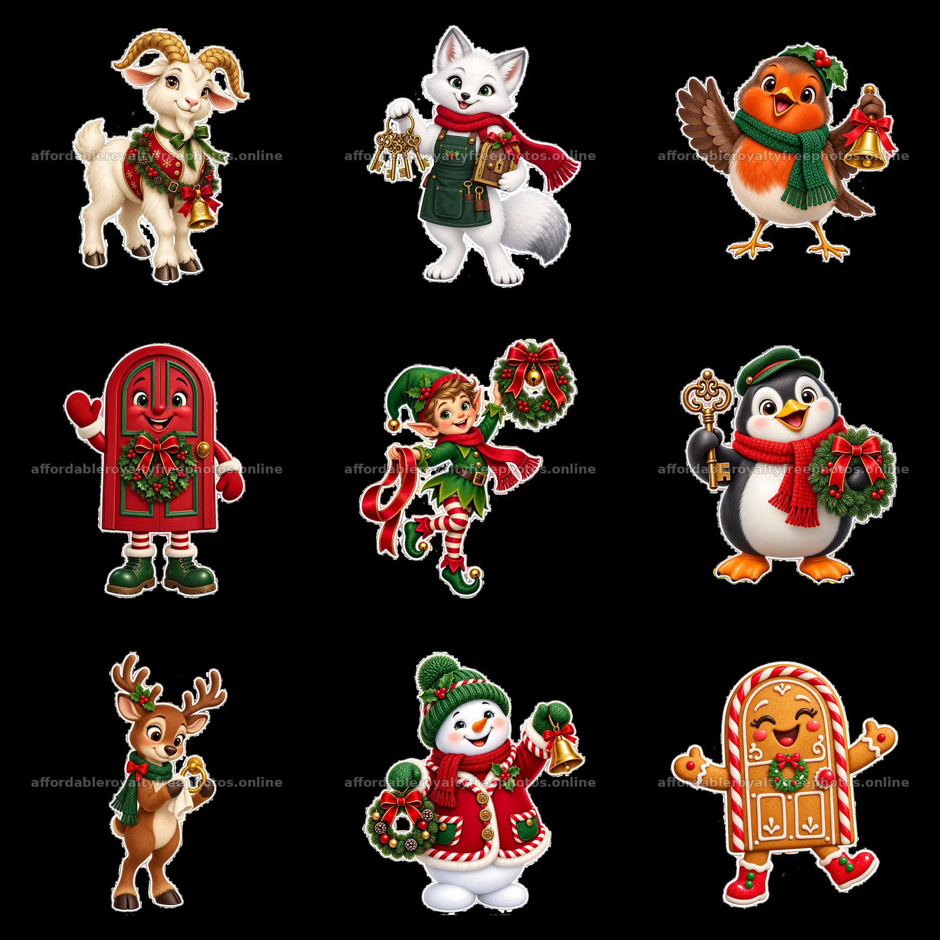 Christmas door characters with animals and festive props – royalty-free photos 7746x7746