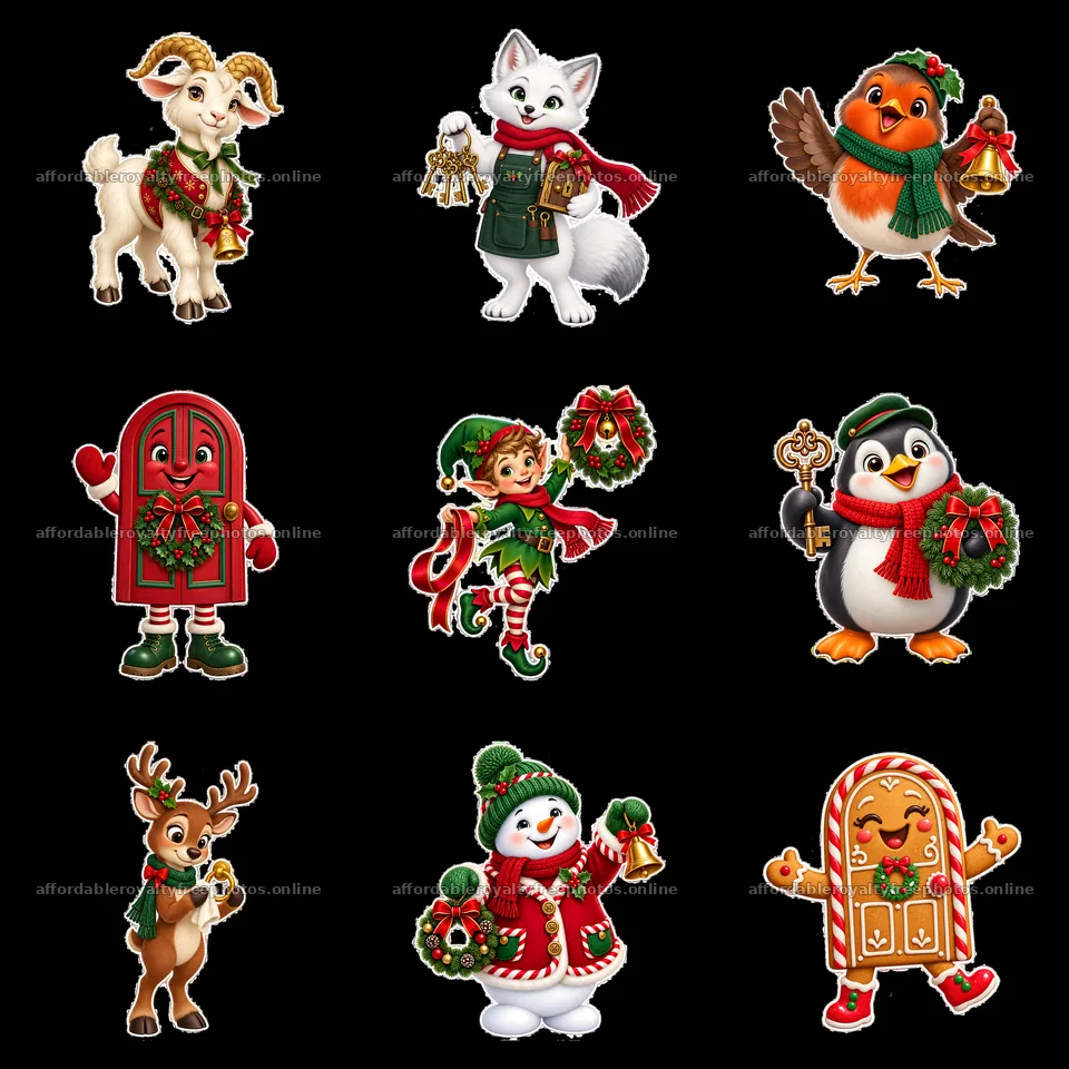 Christmas door characters with animals and festive props – royalty-free photos 7746x7746