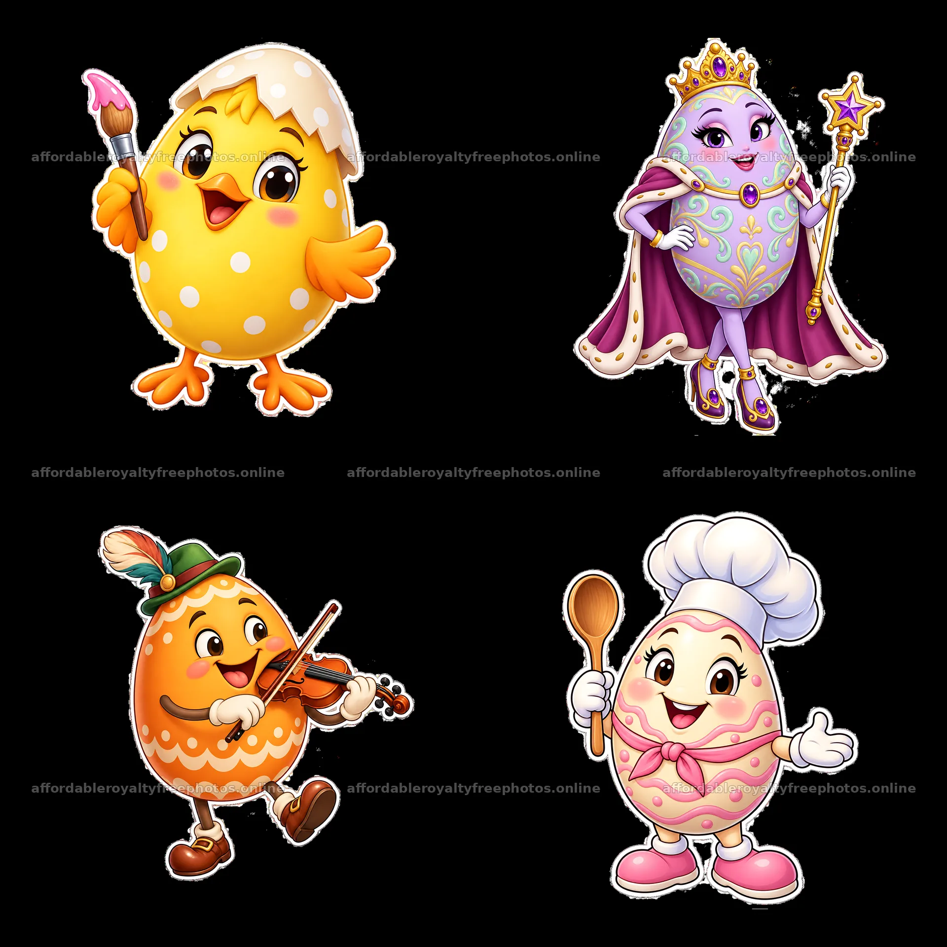 Easter cartoon characters with eggs and festive accessories – royalty-free photos 7746x7746