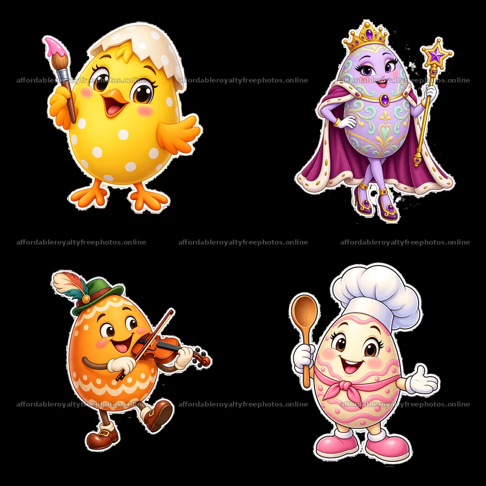 Easter cartoon characters with eggs and festive accessories – royalty-free photos 7746x7746
