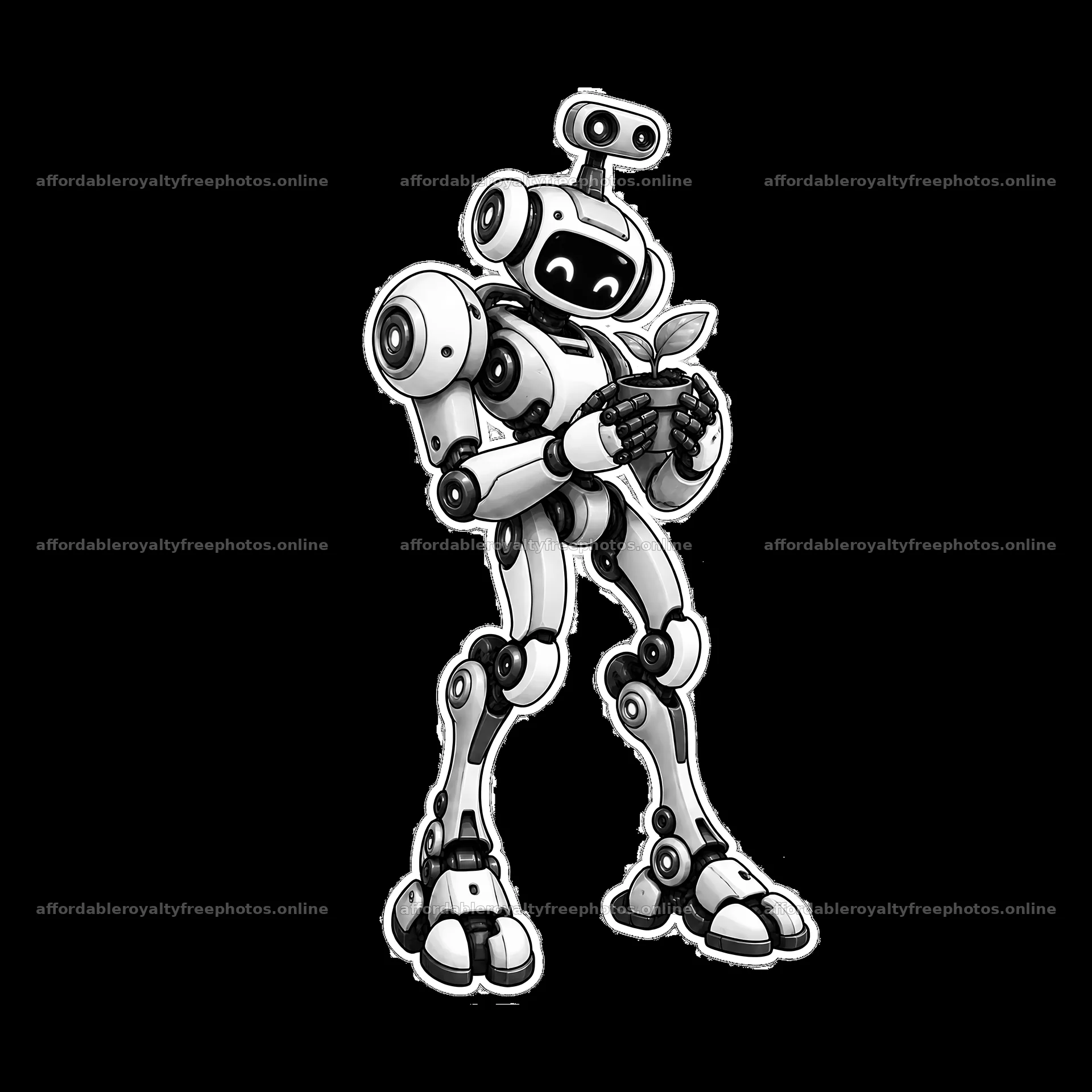 Mech robot character with leaf in hand standing upright – royalty-free photos 7746x7746