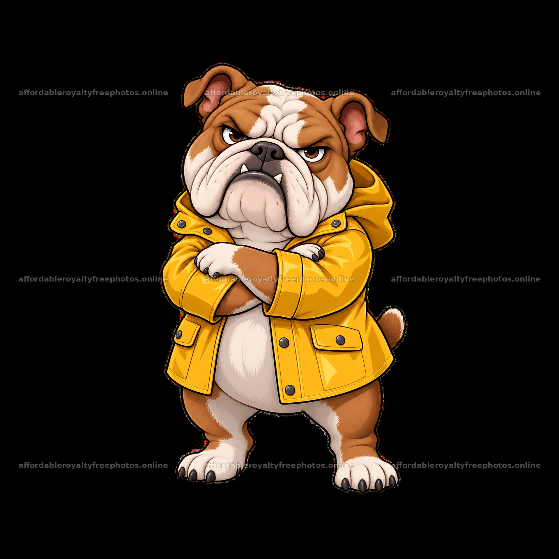 Grumpy bulldog wearing yellow raincoat with crossed arms – royalty-free photos 7746x7746