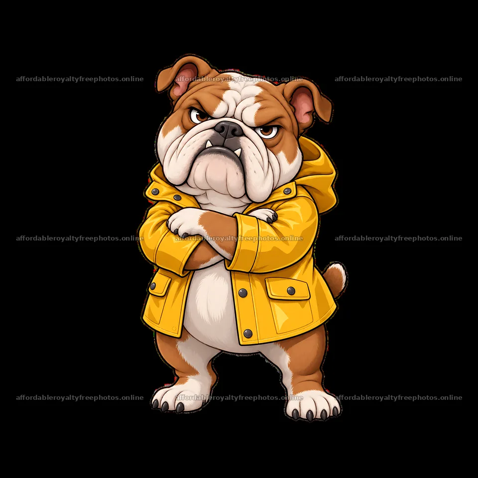 Grumpy bulldog wearing yellow raincoat with crossed arms – royalty-free photos 7746x7746