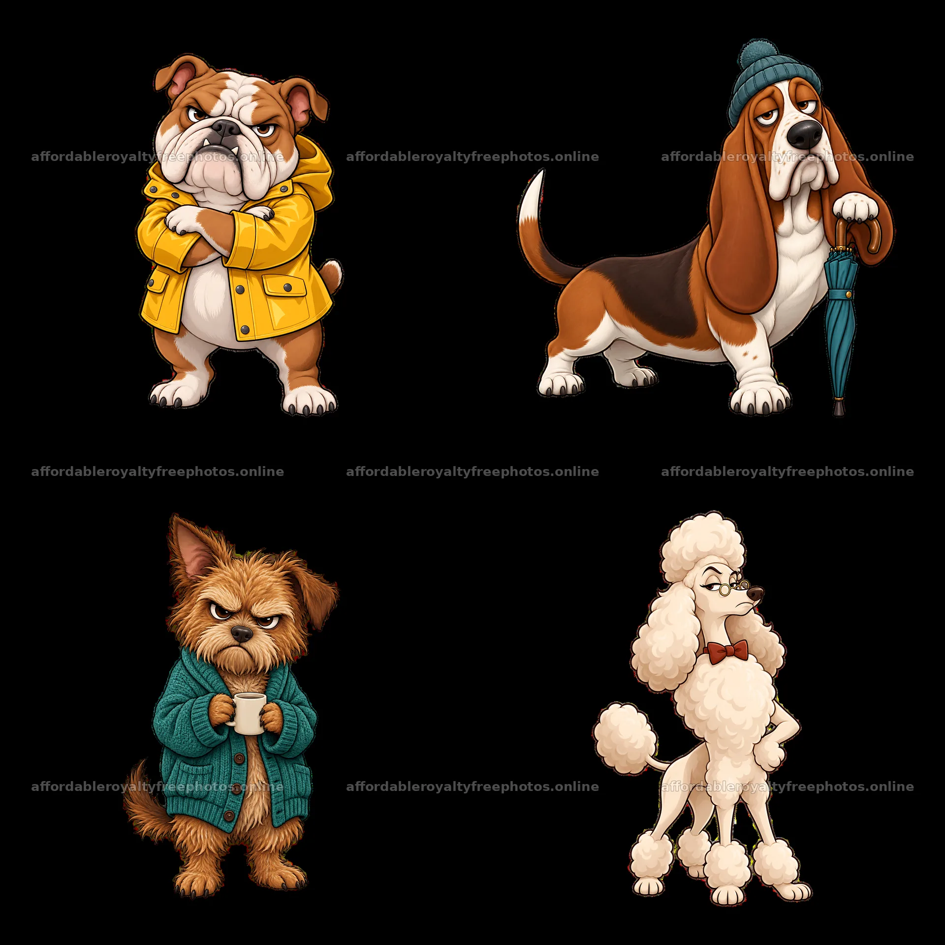 Grumpy dog cartoon stickers featuring four distinct dog – royalty-free photos 7746x7746