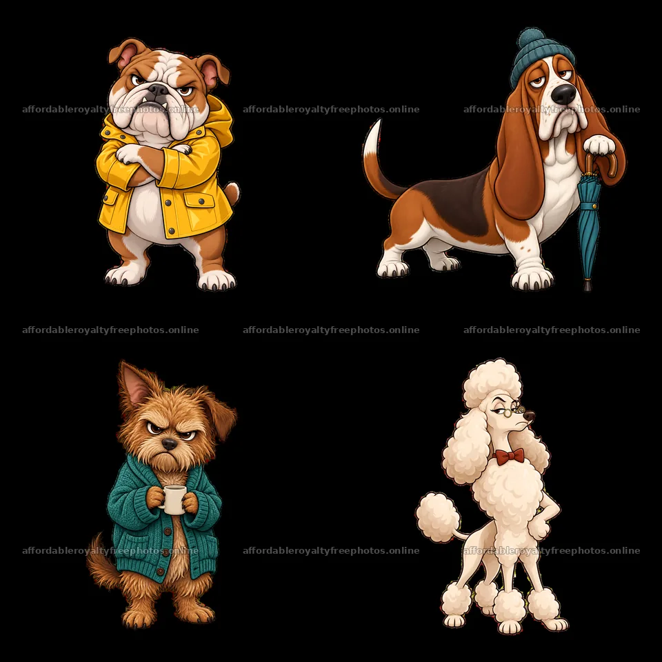 Grumpy dog cartoon stickers featuring four distinct dog – royalty-free photos 7746x7746