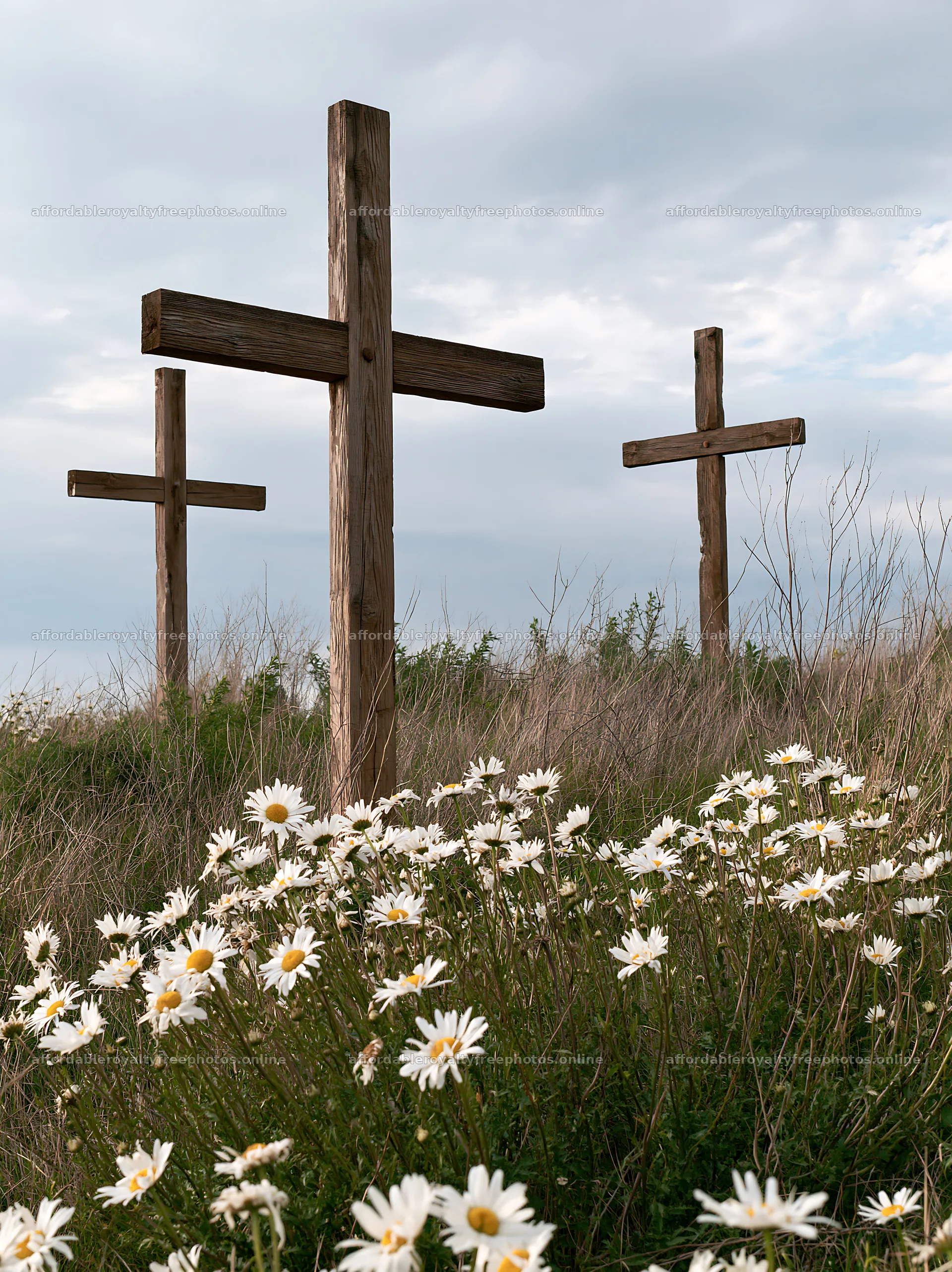 Three Christian crosses in a meadow with flowers – royalty-free photos 6866x9174