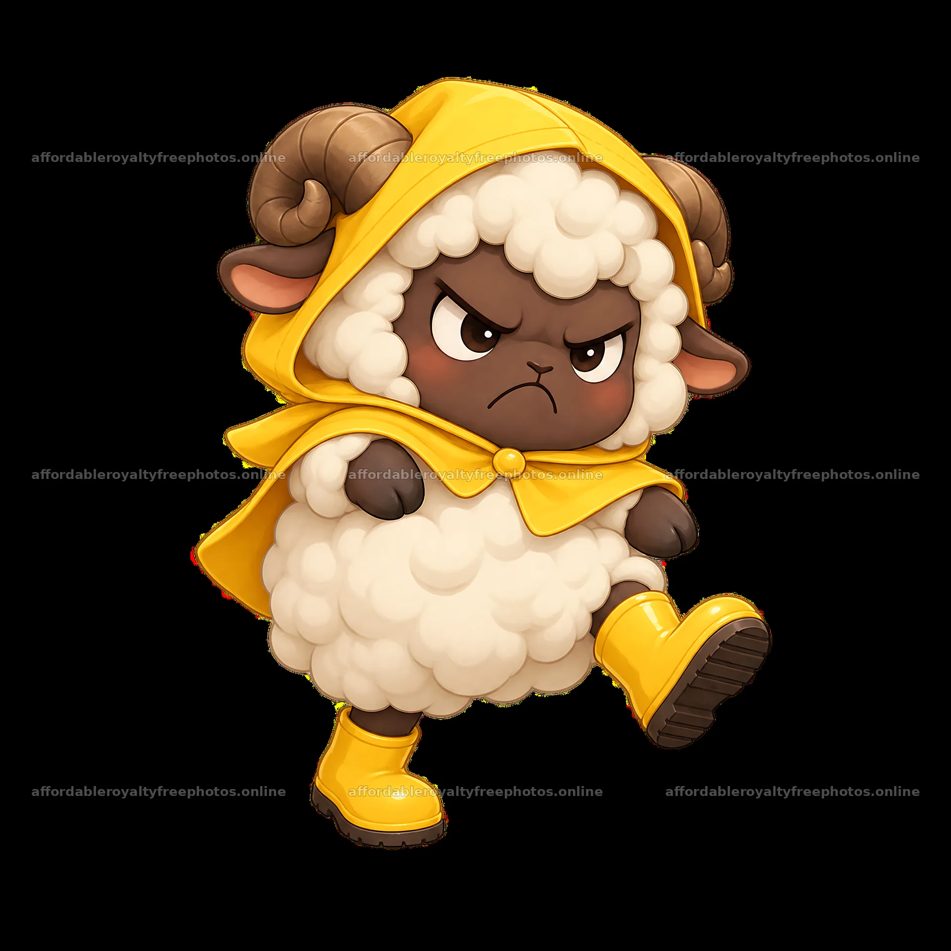Grumpy sheep wearing a yellow cape and boots stepping – royalty-free photos 7746x7746