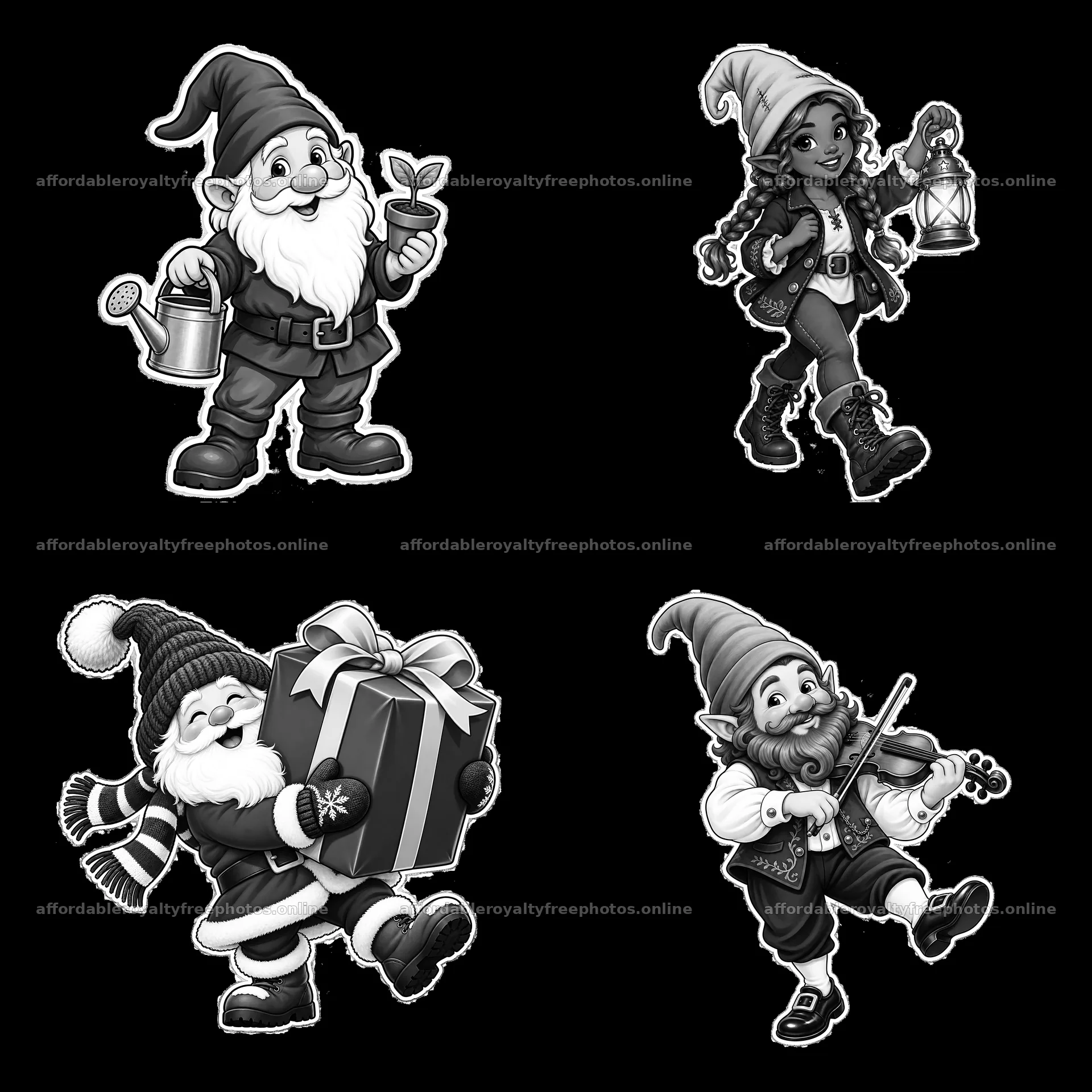 Gnomes engaged in various activities in monochrome – royalty-free photos 7746x7746