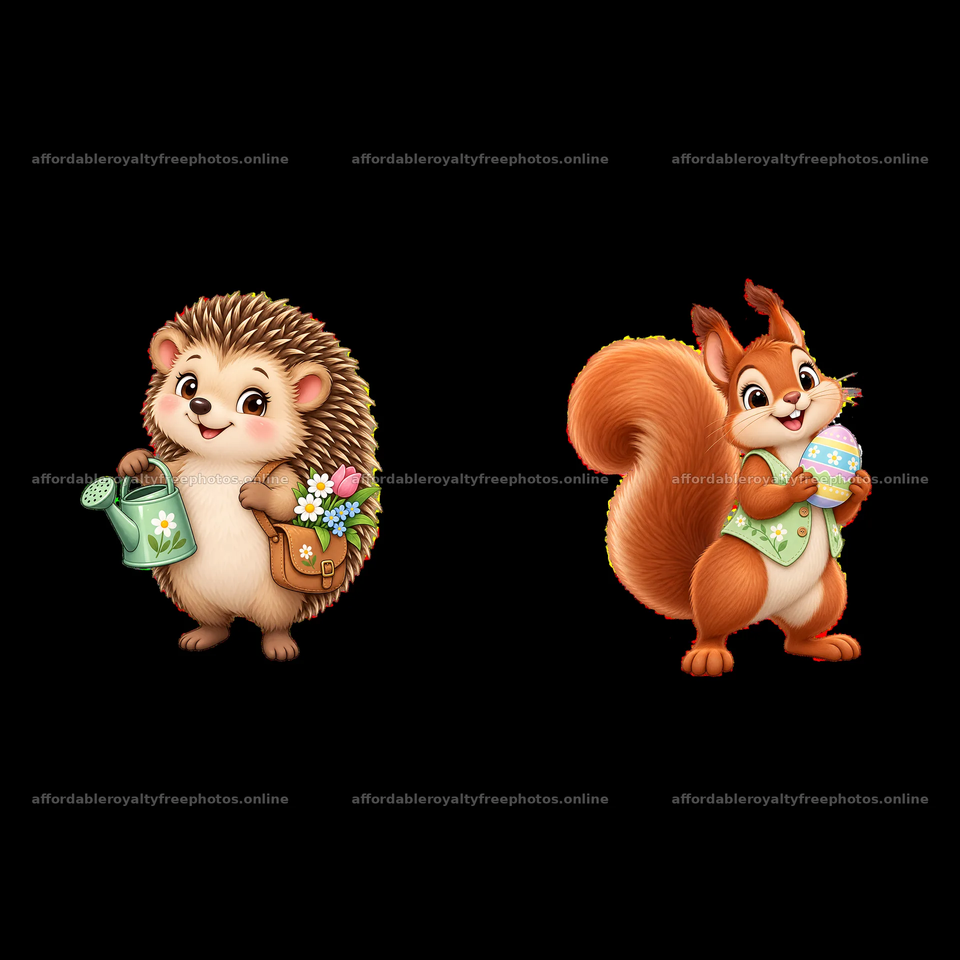 Easter meadow scene with hedgehog and squirrel holding – royalty-free photos 7746x7746