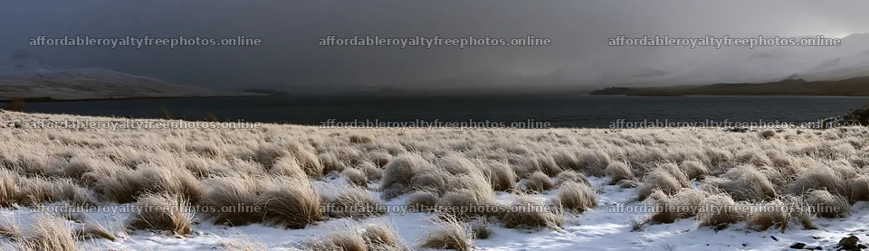 Snowy lakeside meadow with grass and distant mountain – royalty-free photos 14762x4268