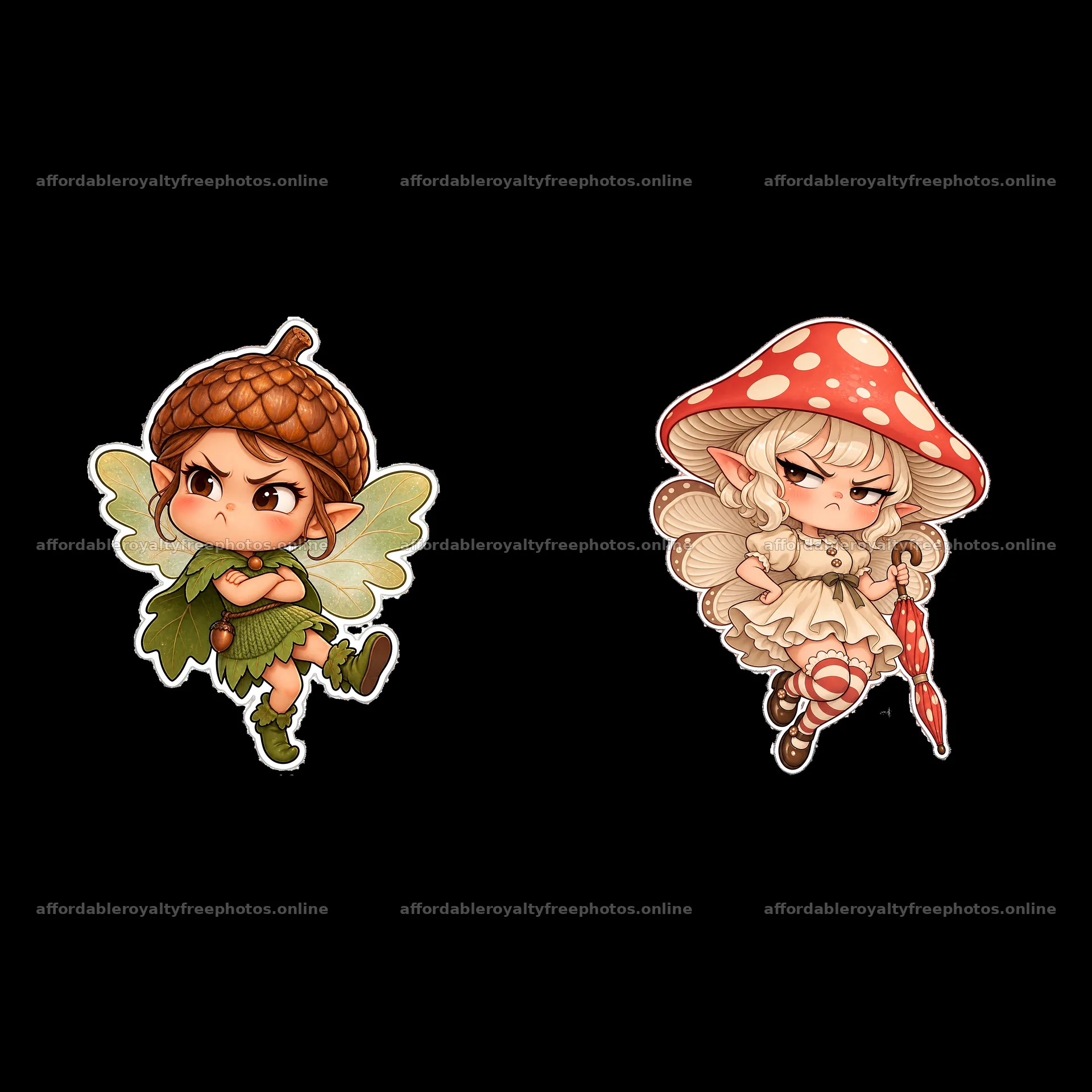 Grumpy fairy duo with acorn boy and mushroom girl – royalty-free photos 7746x7746